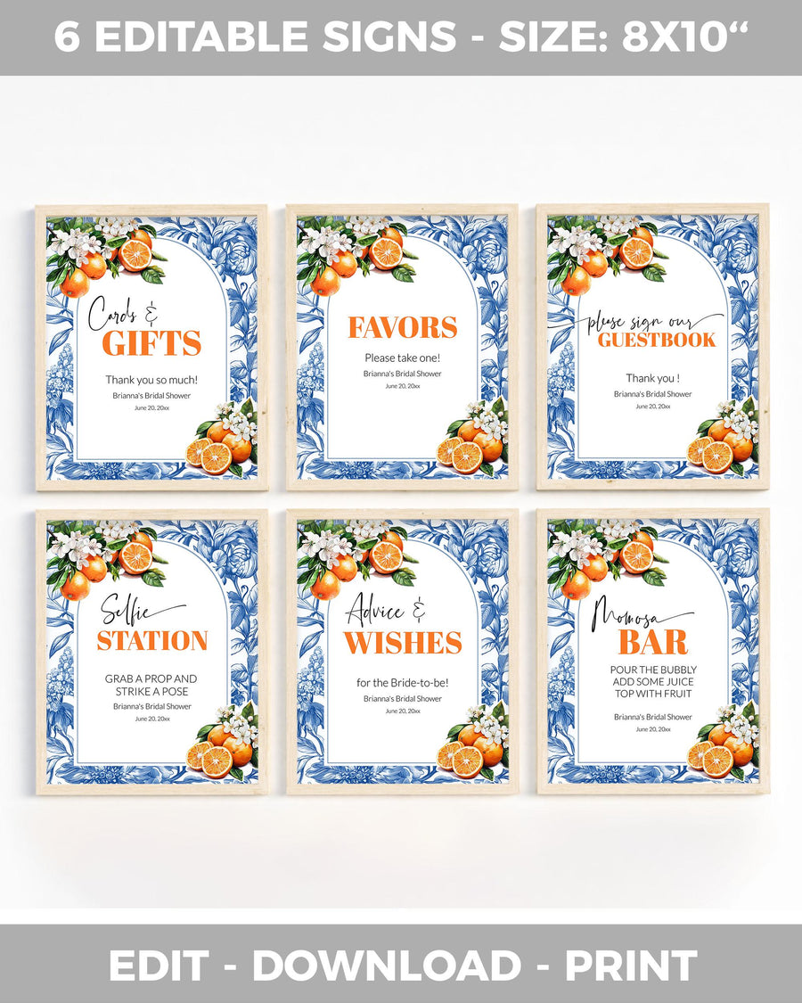 Amalfi Coast Party Signs, Orange Blue Tile Bridal or Cutie Shower Templates 102OR-SIGN - marryful.org