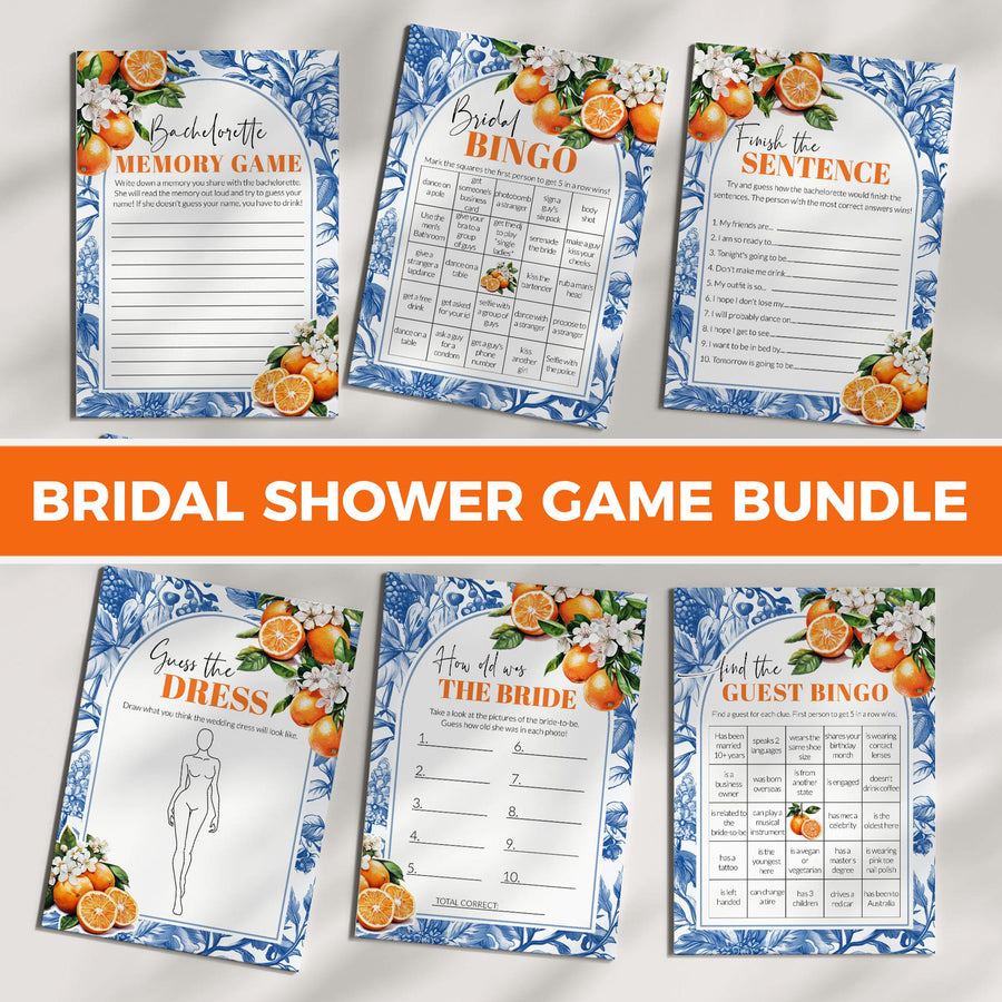 Mediterranean Bridal Shower Game Bundle, Blue Orange Tile Amalfi Coast Party Templates 102OR-BRSGAME - marryful.org