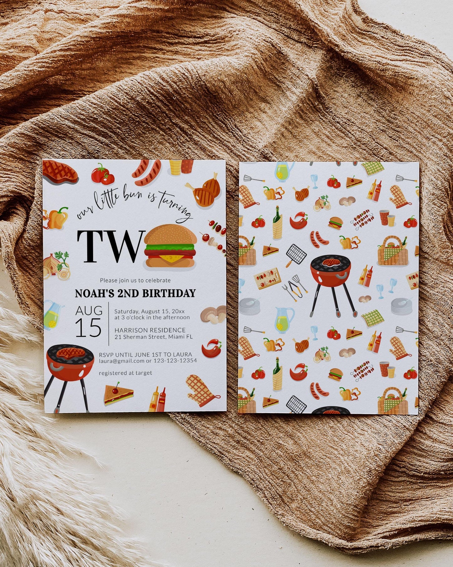 BBQ Burger 2nd Birthday Invite, Bun ist turning TWO Backyard Barbecue Summer Birthday Invite Boy, Second Birthday Invitation Template #072a - TheLovebirdsDesign
