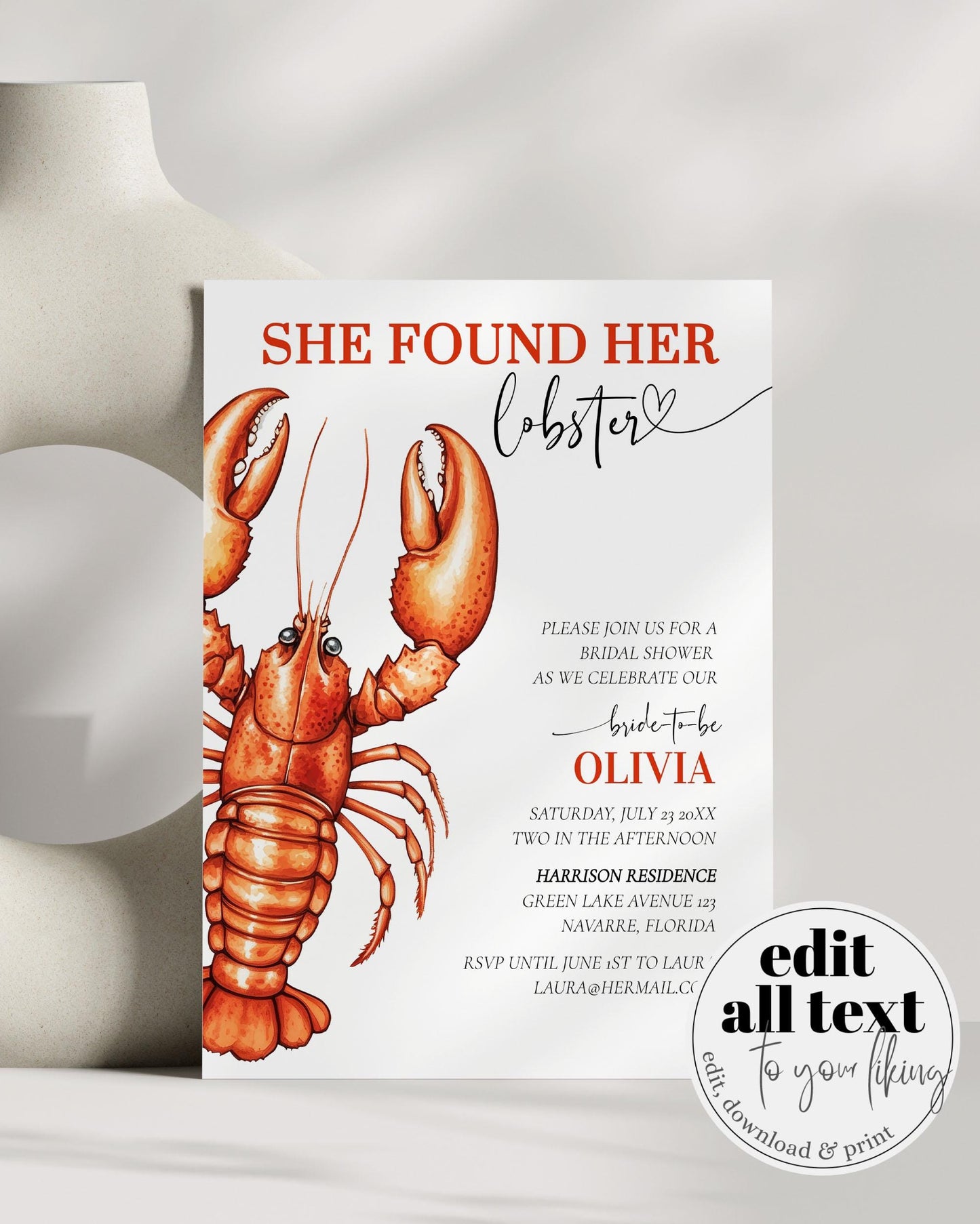 She Found her Lobster Bridal Shower Invitation Template for Coastal Bridal Party or Beach Bachelorette in Maine with Girl Friends #070 - TheLovebirdsDesign