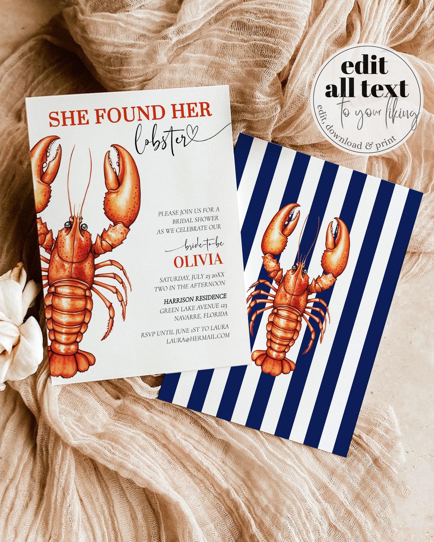 She Found her Lobster Bridal Shower Invitation Template for Coastal Bridal Party or Beach Bachelorette in Maine with Girl Friends #070 - TheLovebirdsDesign