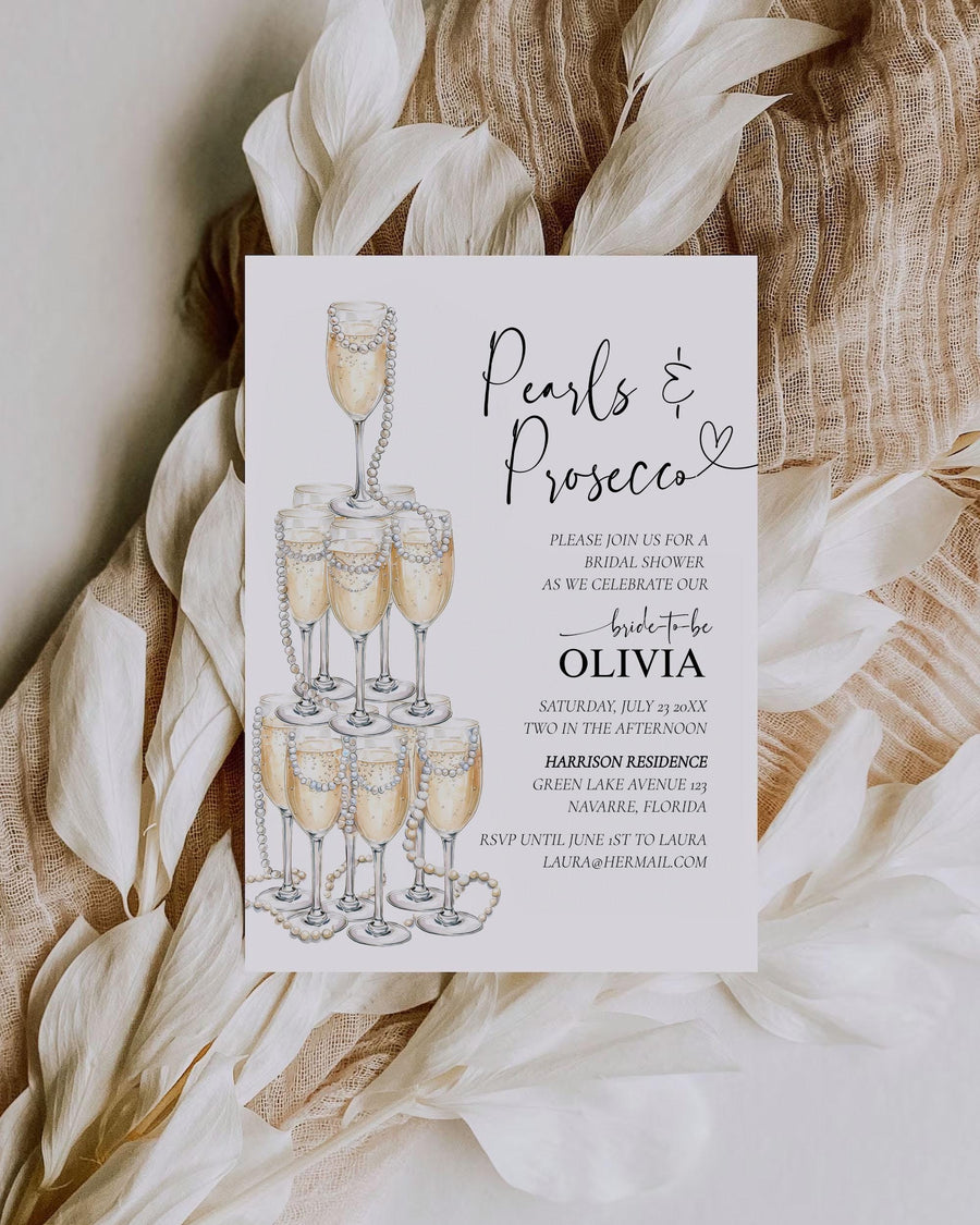 Pearls and Prosecco Bridal Shower Invitation Champagne Tower Party Elegant Editable Printable Template 055PP-BSINV - marryful.org