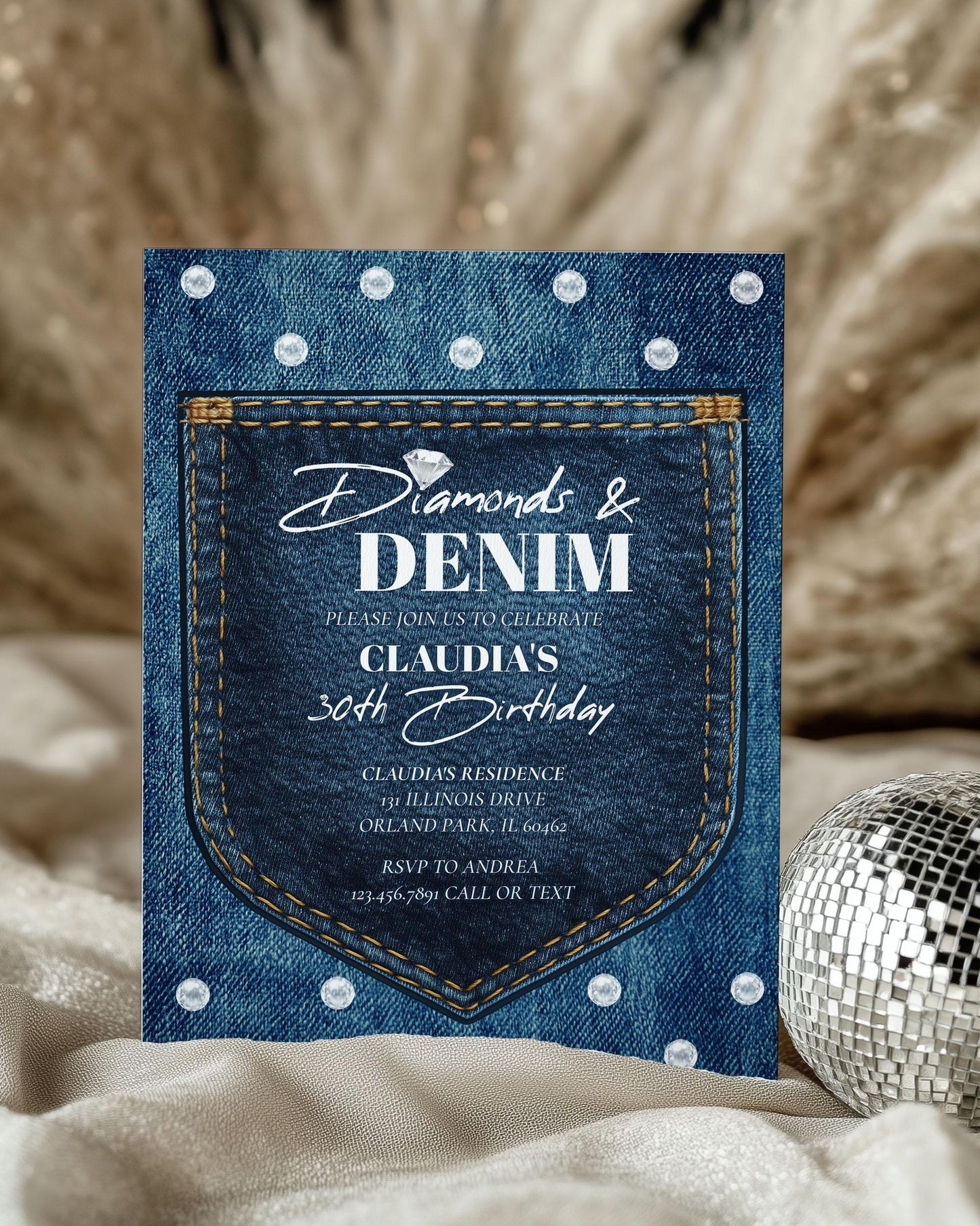 Blue Jeans Denim and Diamonds 30th Birthday Invitation, Disco Cowgirl Adult Birthday Invite, Denim Diamonds Pearls Party Printable #022 - TheLovebirdsDesign