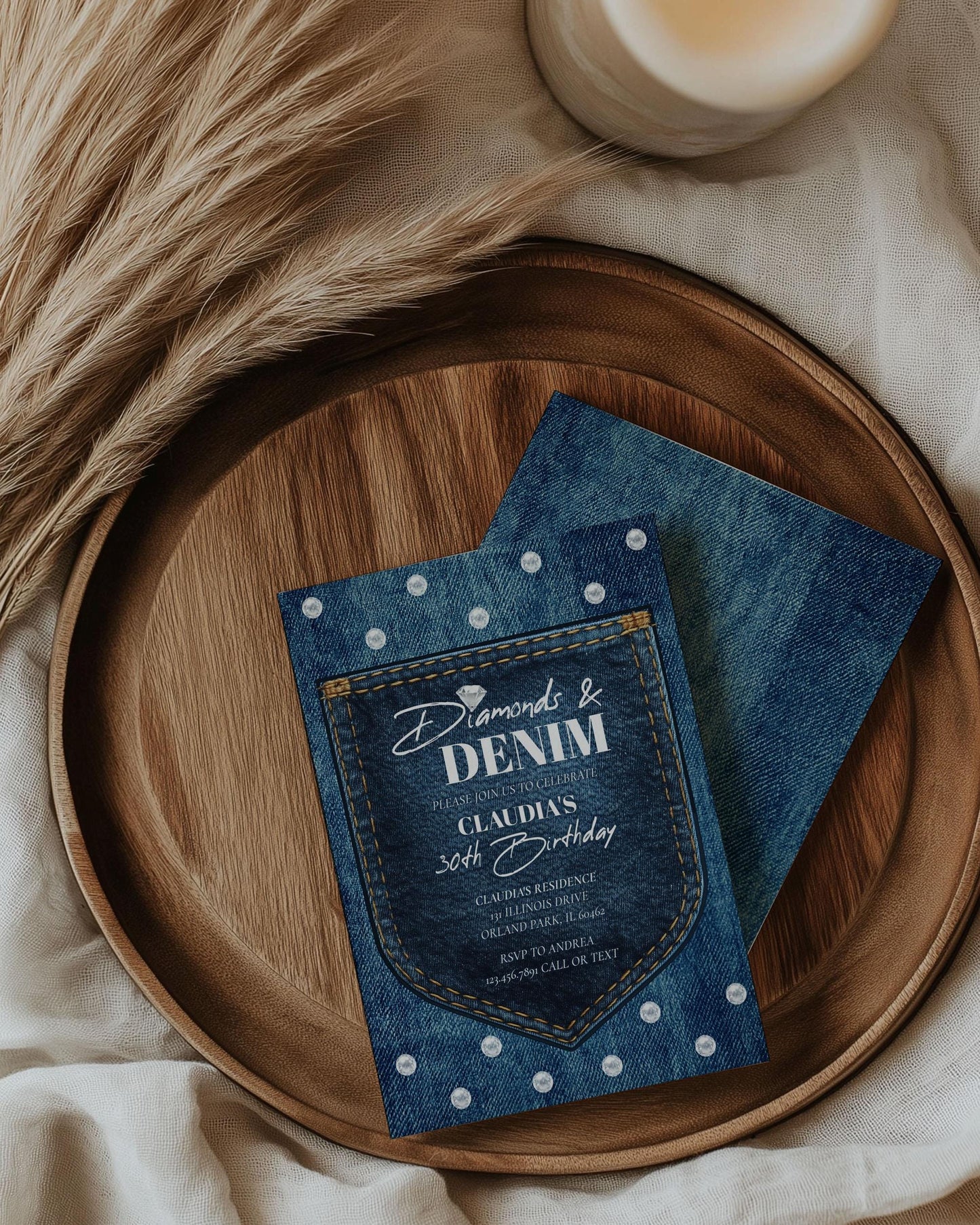 Blue Jeans Denim and Diamonds 30th Birthday Invitation, Disco Cowgirl Adult Birthday Invite, Denim Diamonds Pearls Party Printable #022 - TheLovebirdsDesign