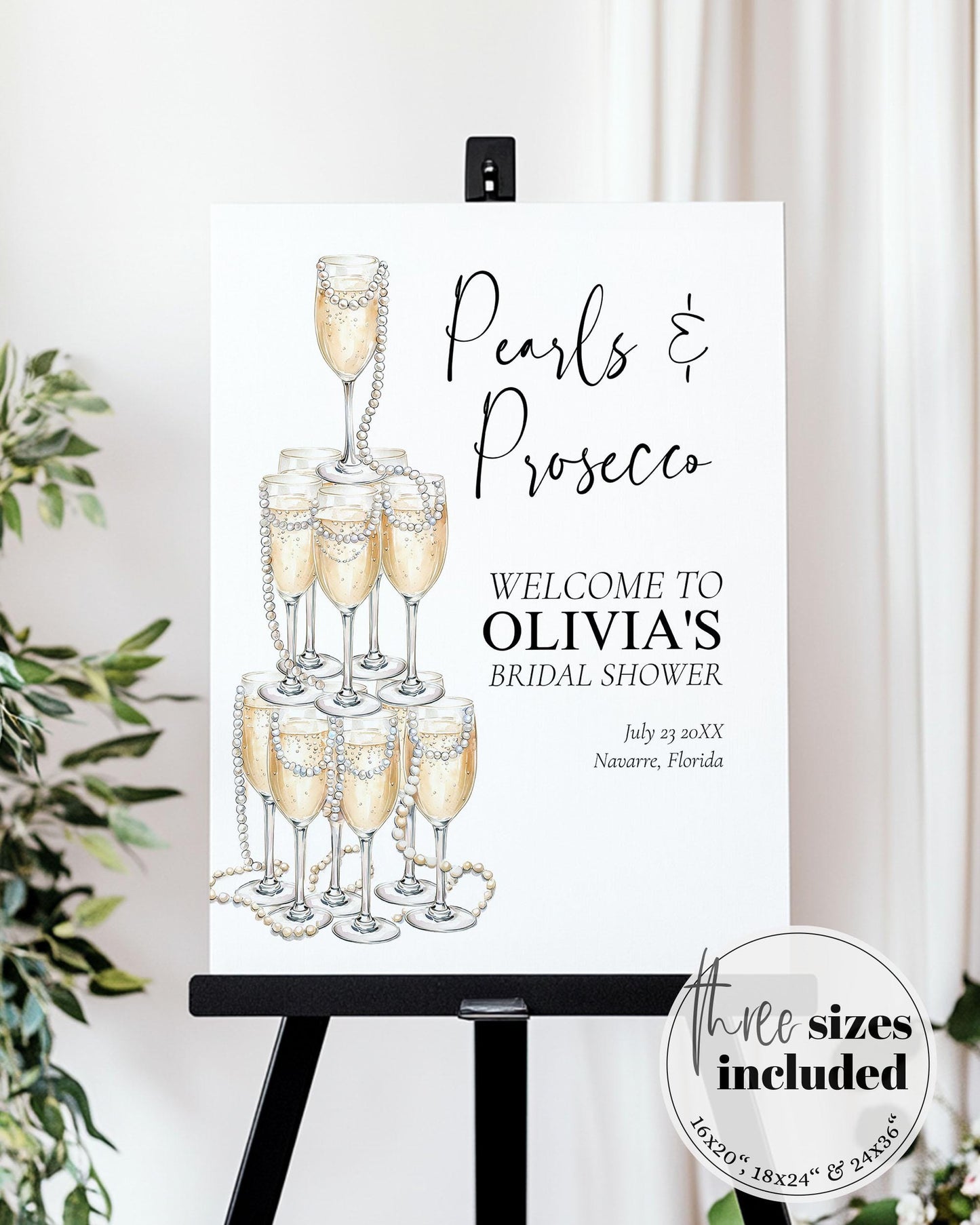 Pearls and Prosecco Bridal Shower Welcome Sign, Champagne Tower and Pearls Party Decor Template Bridal Brunch or Adult Woman Birthday #070 - TheLovebirdsDesign