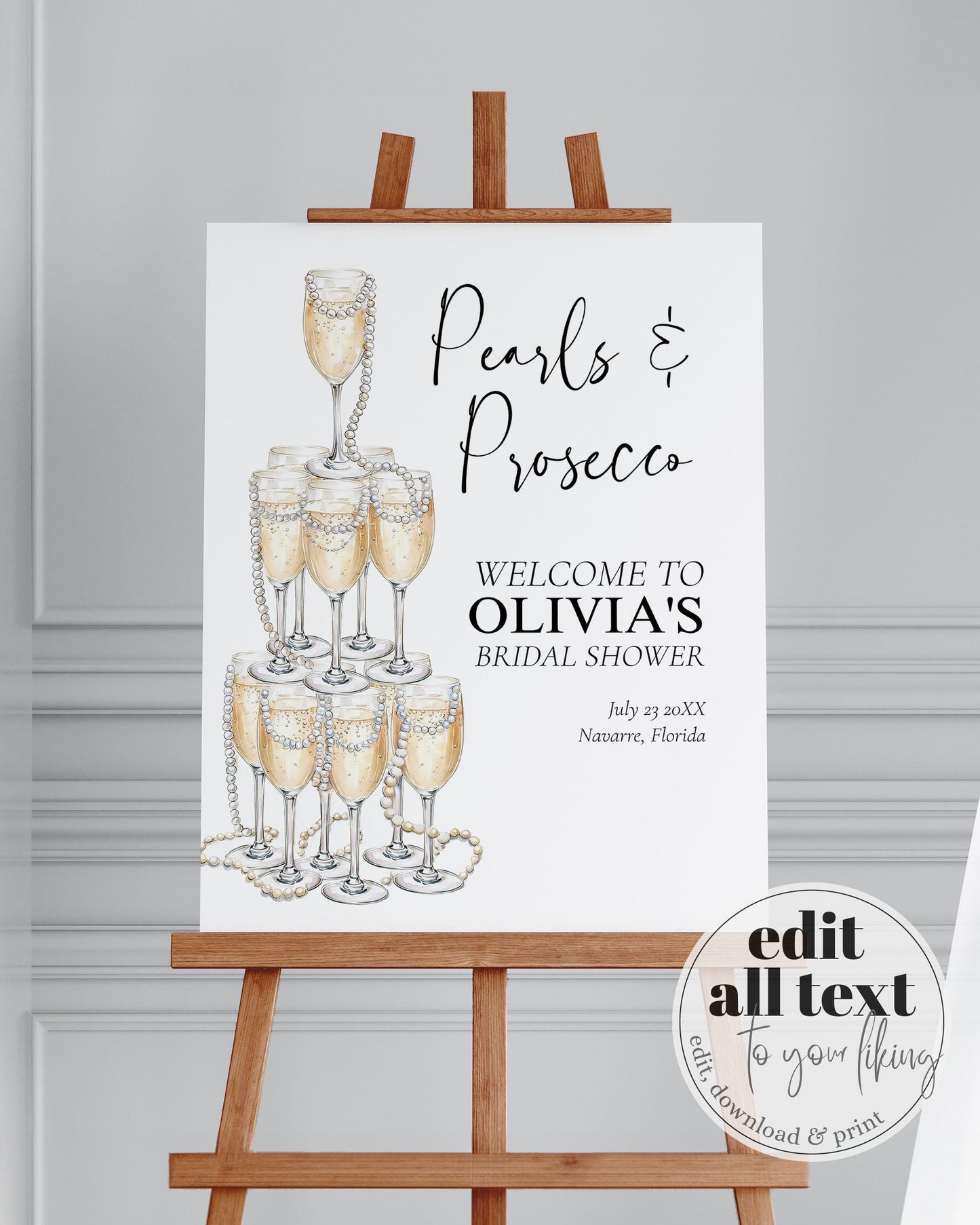 Pearls and Prosecco Bridal Shower Welcome Sign, Champagne Tower and Pearls Party Decor Template Bridal Brunch or Adult Woman Birthday #070 - TheLovebirdsDesign