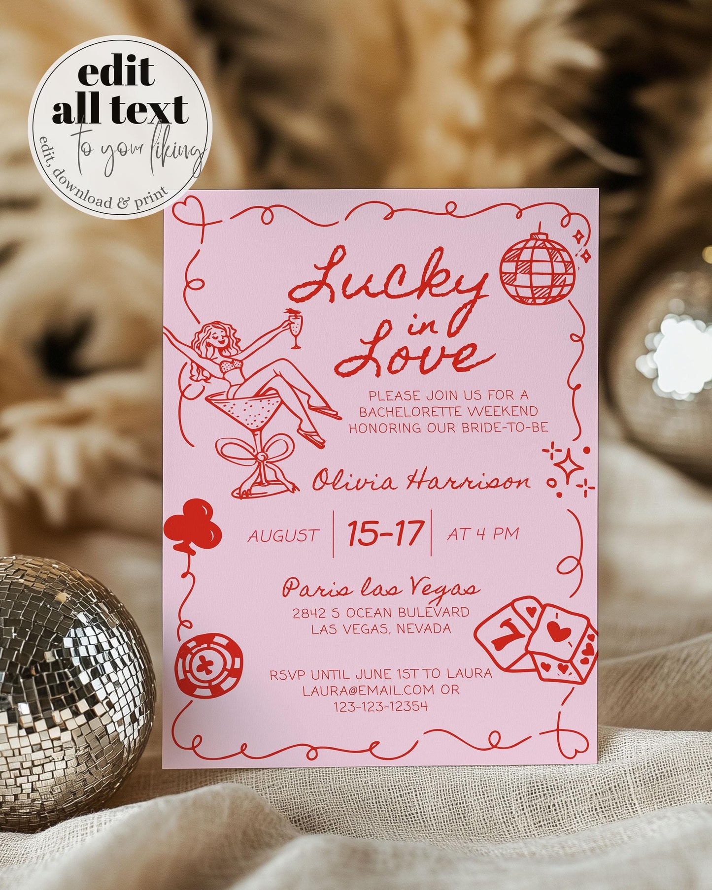 Lucky in Love Handwritten Bachelorette Invitation, Las Vegas Bridal Shower Girls Trip Bach Weekend Itinerary Printable Template Invite #072 - TheLovebirdsDesign