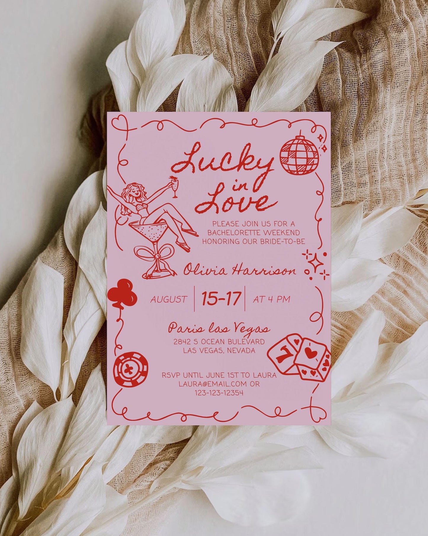 Lucky in Love Handwritten Bachelorette Invitation, Las Vegas Bridal Shower Girls Trip Bach Weekend Itinerary Printable Template Invite #072 - TheLovebirdsDesign