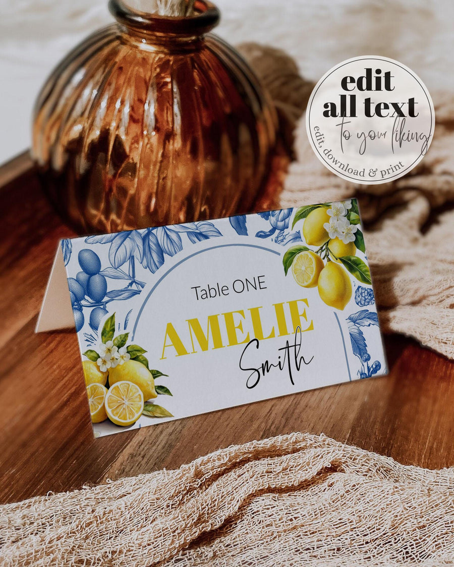 Lemon Blue Tile Place Cards Template, Amalfi Bridal Shower Food Labels Printable 102LE-PLCA - marryful.org