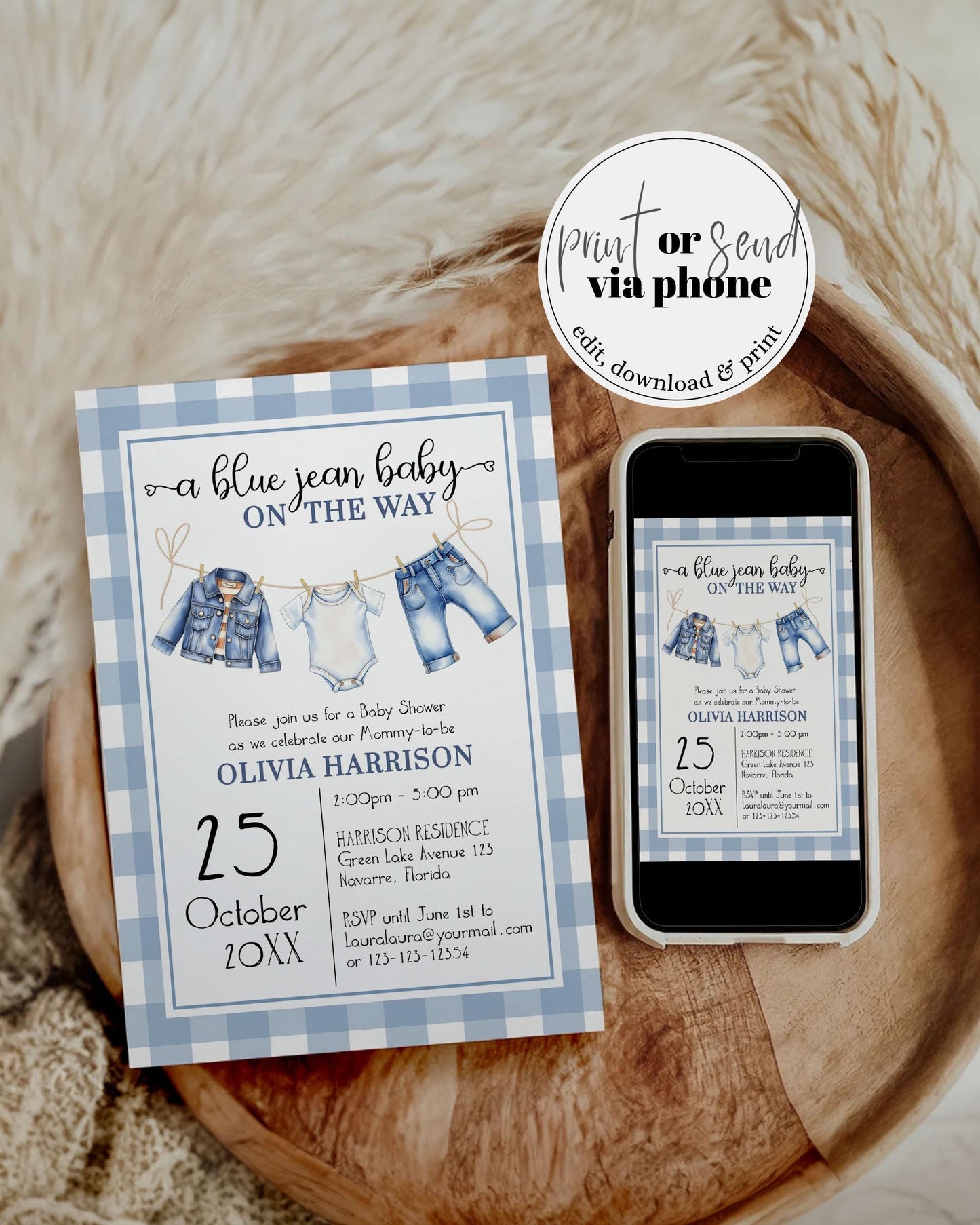 Blue Jean Baby Shower Invitation Template, Boy Blue Denim Gingham Baby Shower Invite, Denim Diamonds Baby on the way Theme Template #068 - TheLovebirdsDesign