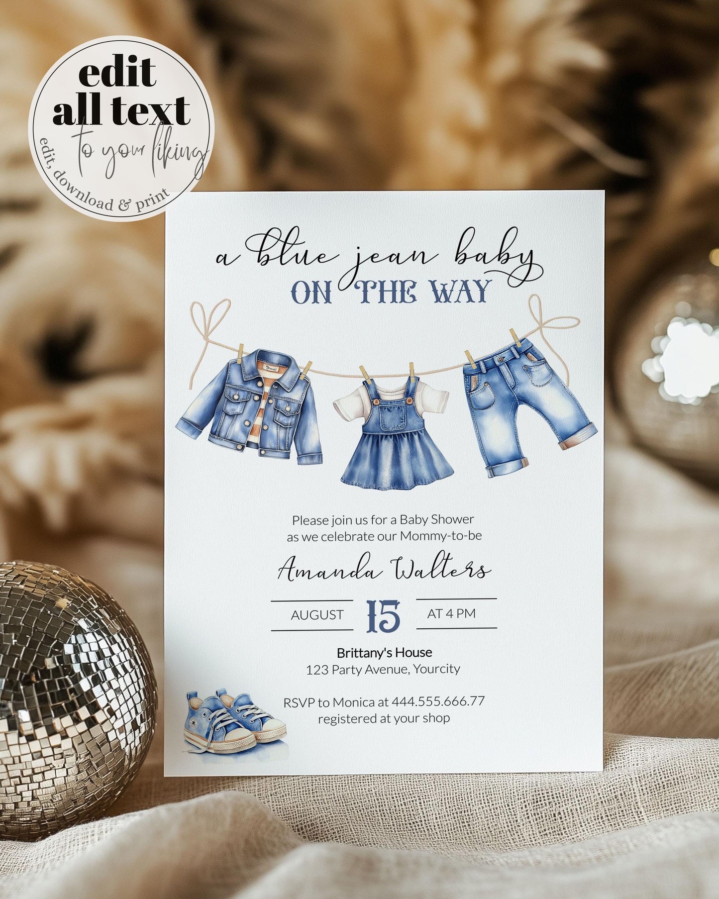 Blue Jean Baby Shower Invitation for Boys, Denim Diamond Blue Jeans Baby on the Way, Boy Denim Shower Theme Baby Shower Invite Template #072 - TheLovebirdsDesign