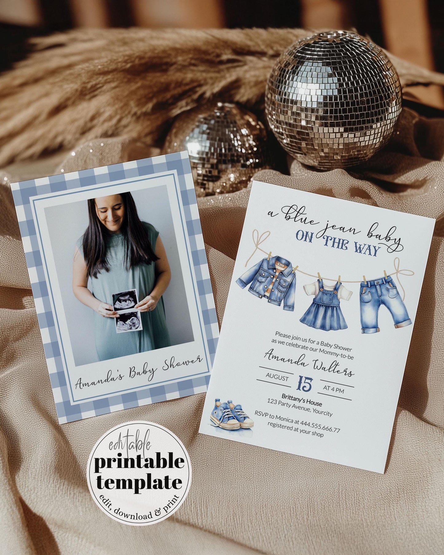 Blue Jean Baby Shower Invitation for Boys, Denim Diamond Blue Jeans Baby on the Way, Boy Denim Shower Theme Baby Shower Invite Template #072 - TheLovebirdsDesign