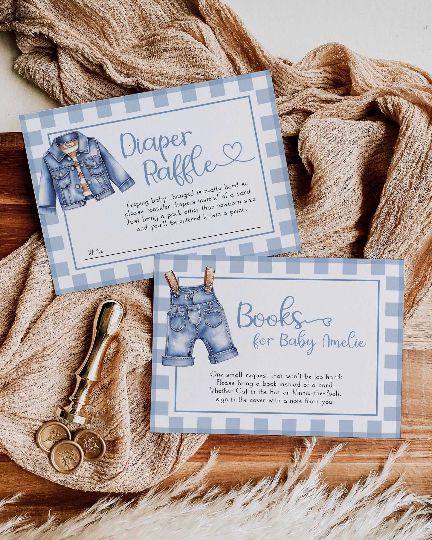 Blue Jean Baby Shower Invitation Template, Boy Blue Denim Gingham Baby Shower Invite, Denim Diamonds Baby on the way Theme Template #068 - TheLovebirdsDesign