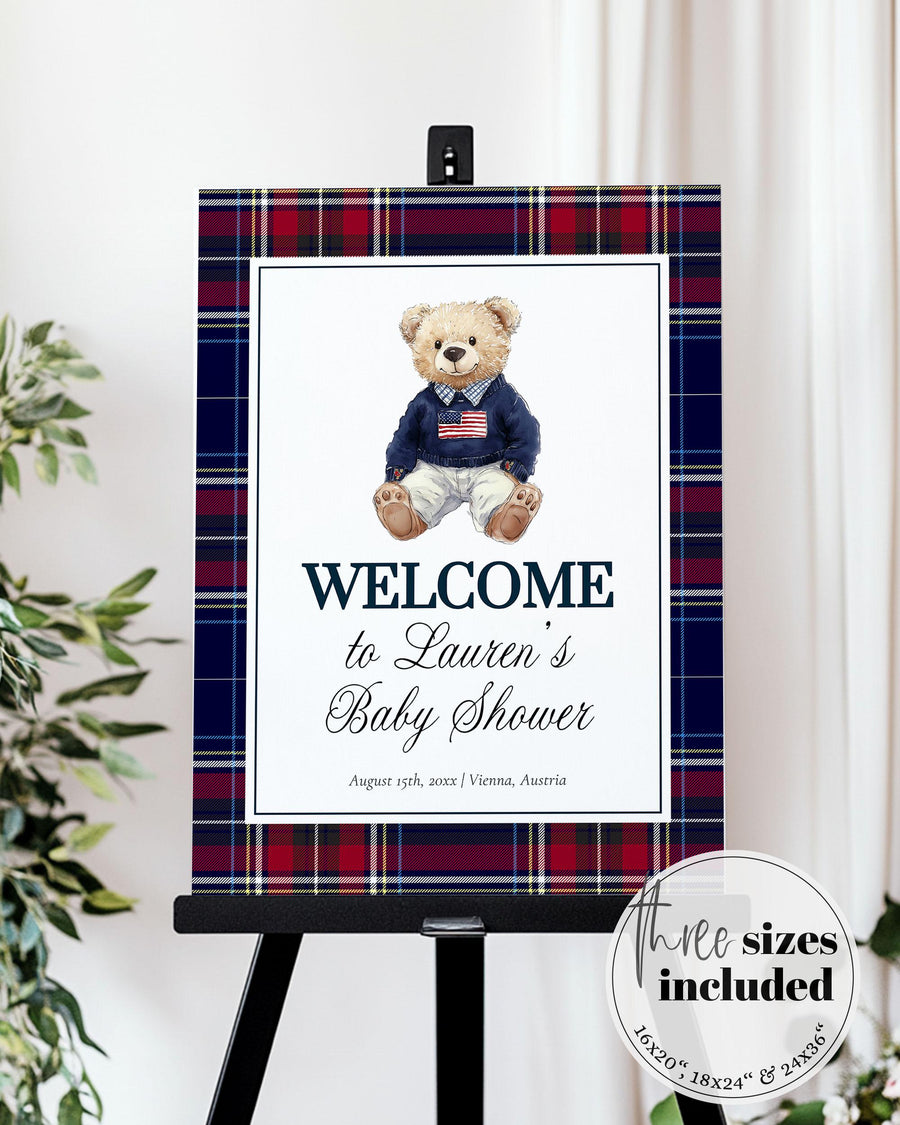 Preppy Teddy Bear Baby Shower Welcome Sign Template, Classic Luxury Boy Party Decor 068RL-WLCM - marryful.org
