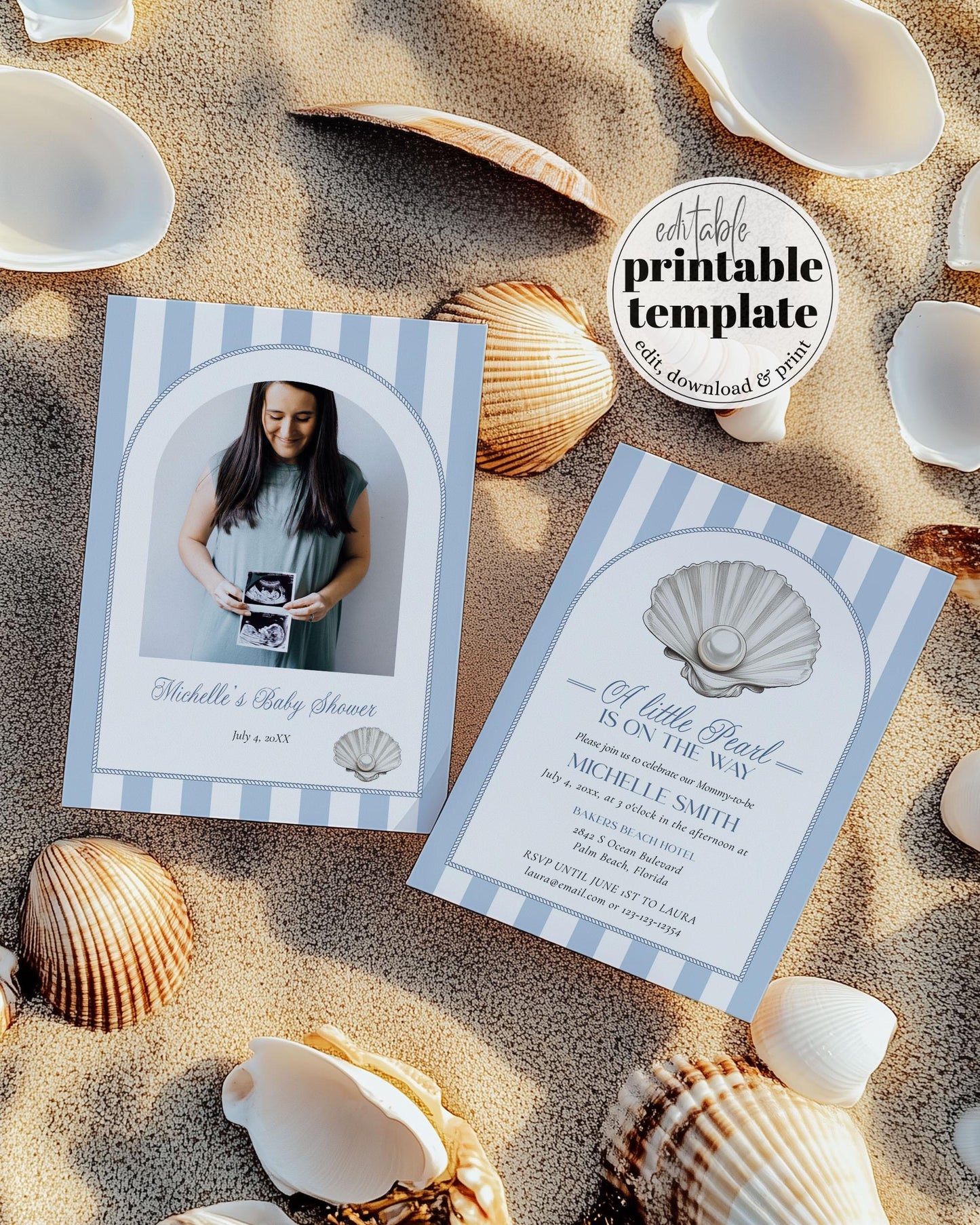 Little Pearl Under the Sea Baby Shower Invitation, Blue Baby Shower Invite, Ocean Little Pearl Is On The Way Shower Invitation Template #072 - TheLovebirdsDesign