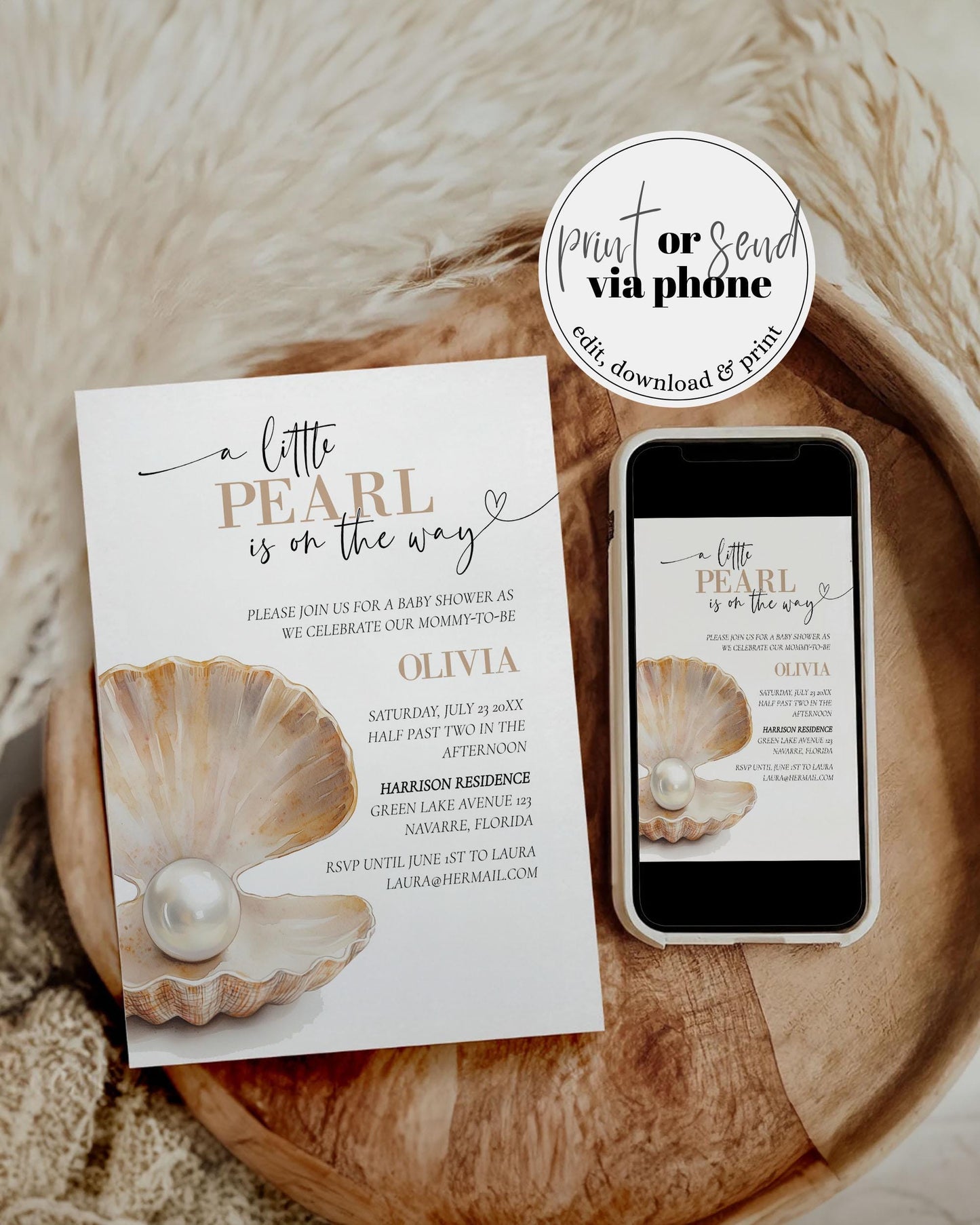 Little Pearl on the Way Gender Neutral Baby Shower Invitation, Under the Sea Baby Shower Invite Suite, Beige Ocean Baby Shower Template #072 - TheLovebirdsDesign