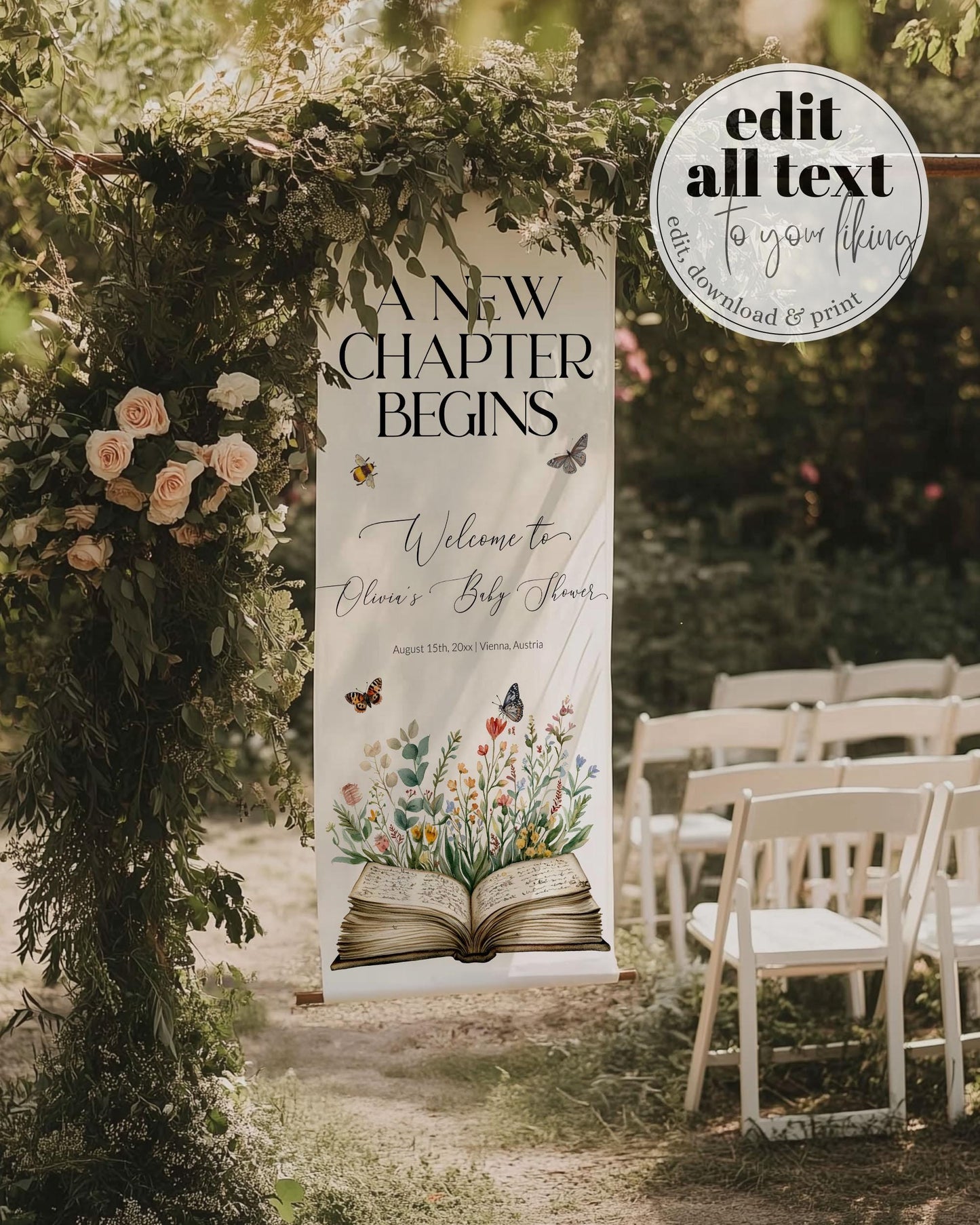 Storybook Baby Shower Wall Tapestry New Chapter Begins Linen Fabric Welcome Sign Printable Once upon a time Book Shower Decor Template #072 - TheLovebirdsDesign