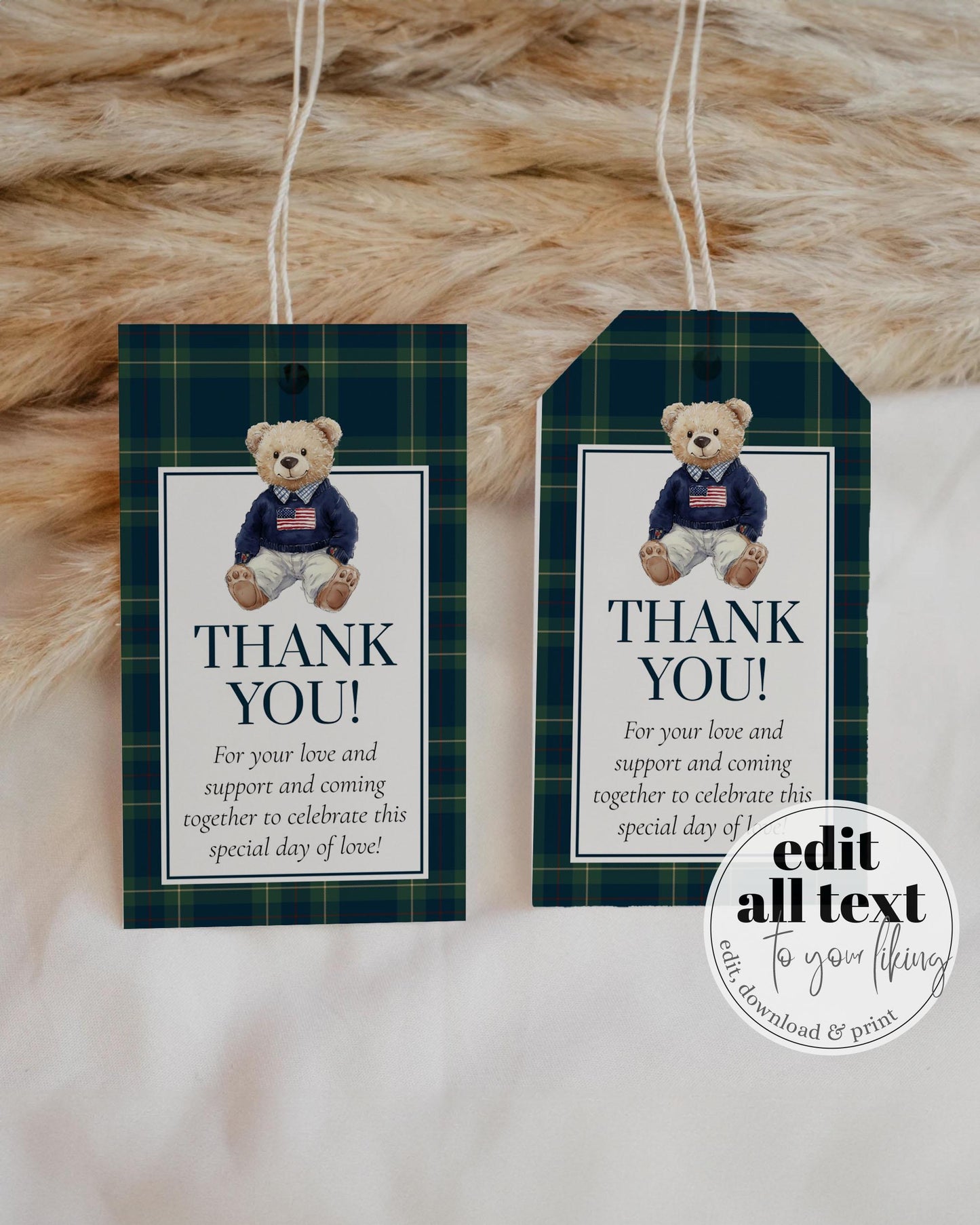 Vintage Ralph Polo Guest Favor Tags, Luxury Bear Thank you Tags Sticker and Label, Teddy Bear Plaid Classic Party Theme Decor Template #068 - TheLovebirdsDesign