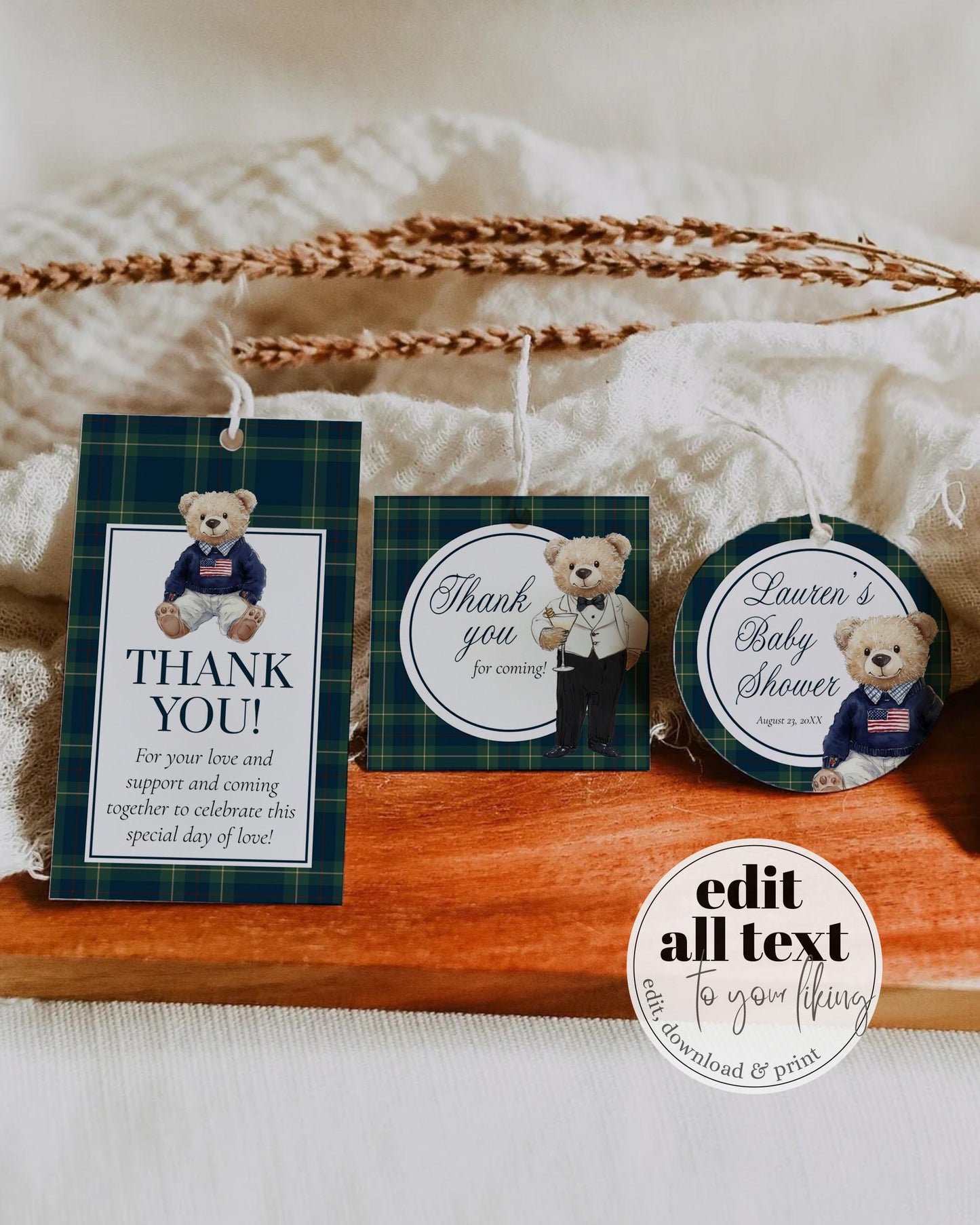 Vintage Ralph Polo Guest Favor Tags, Luxury Bear Thank you Tags Sticker and Label, Teddy Bear Plaid Classic Party Theme Decor Template #068 - TheLovebirdsDesign