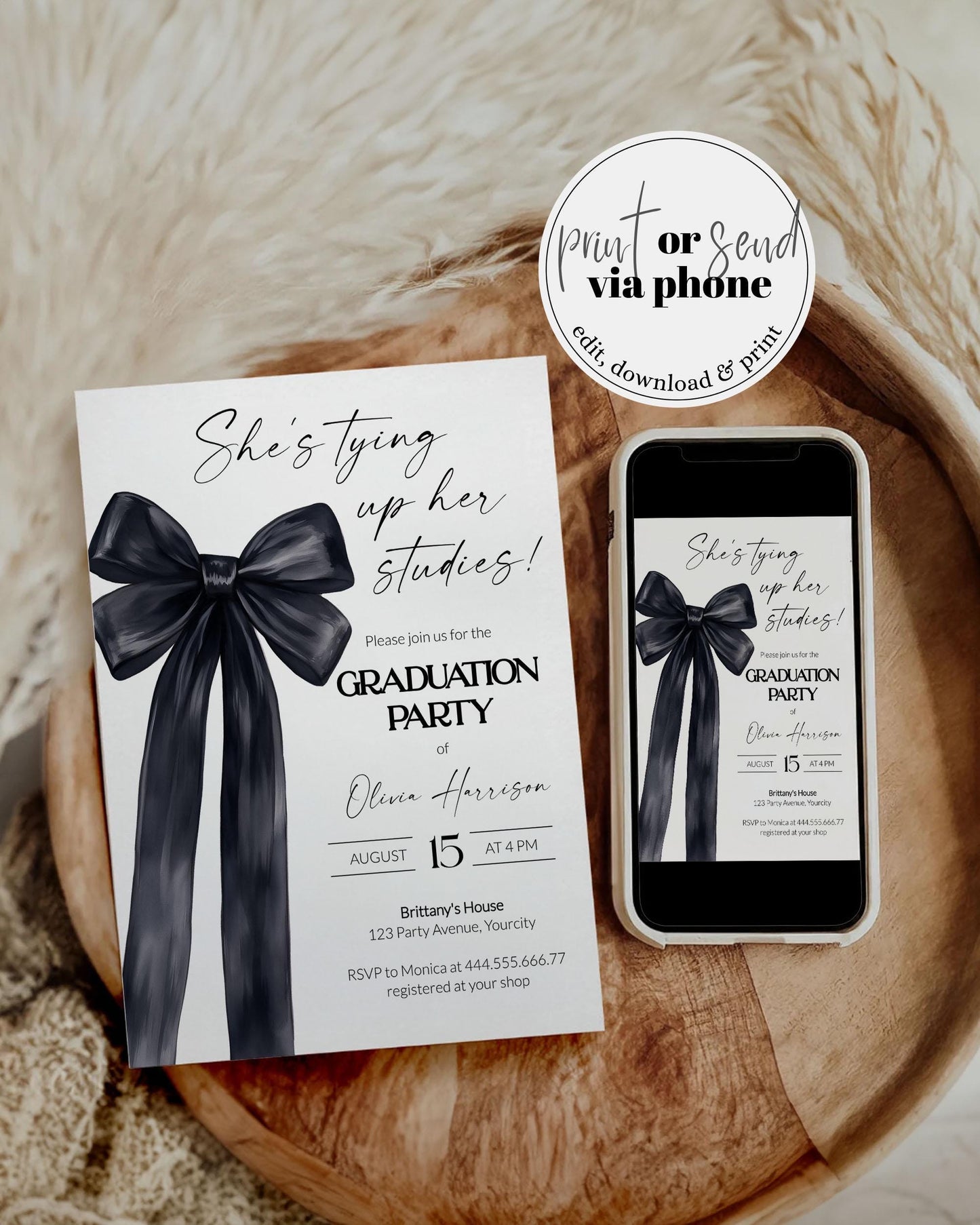 Black Bow Graduation Party Invitation for Class of 2025 Classic Coquette Bow Grad Party Invite Printable Ribbon Bow Editable Template #072 - TheLovebirdsDesign