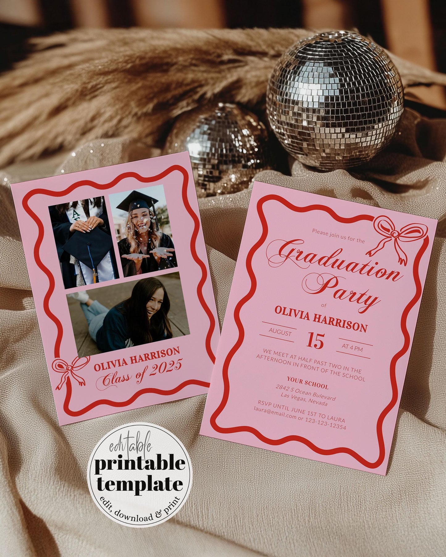 Pink Wavy Frame Graduation Party Invitation Girl Class of 2025 Coquette Grad Party Invite Template for Summer High School or College #072 - TheLovebirdsDesign