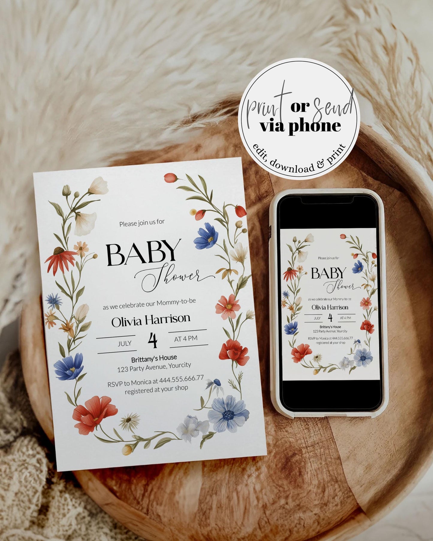 Vibrant dual-sided invitation showcasing a festive design with floral accents and a schedule of events for a weekend baby shower celebration, including activities like massages and games.