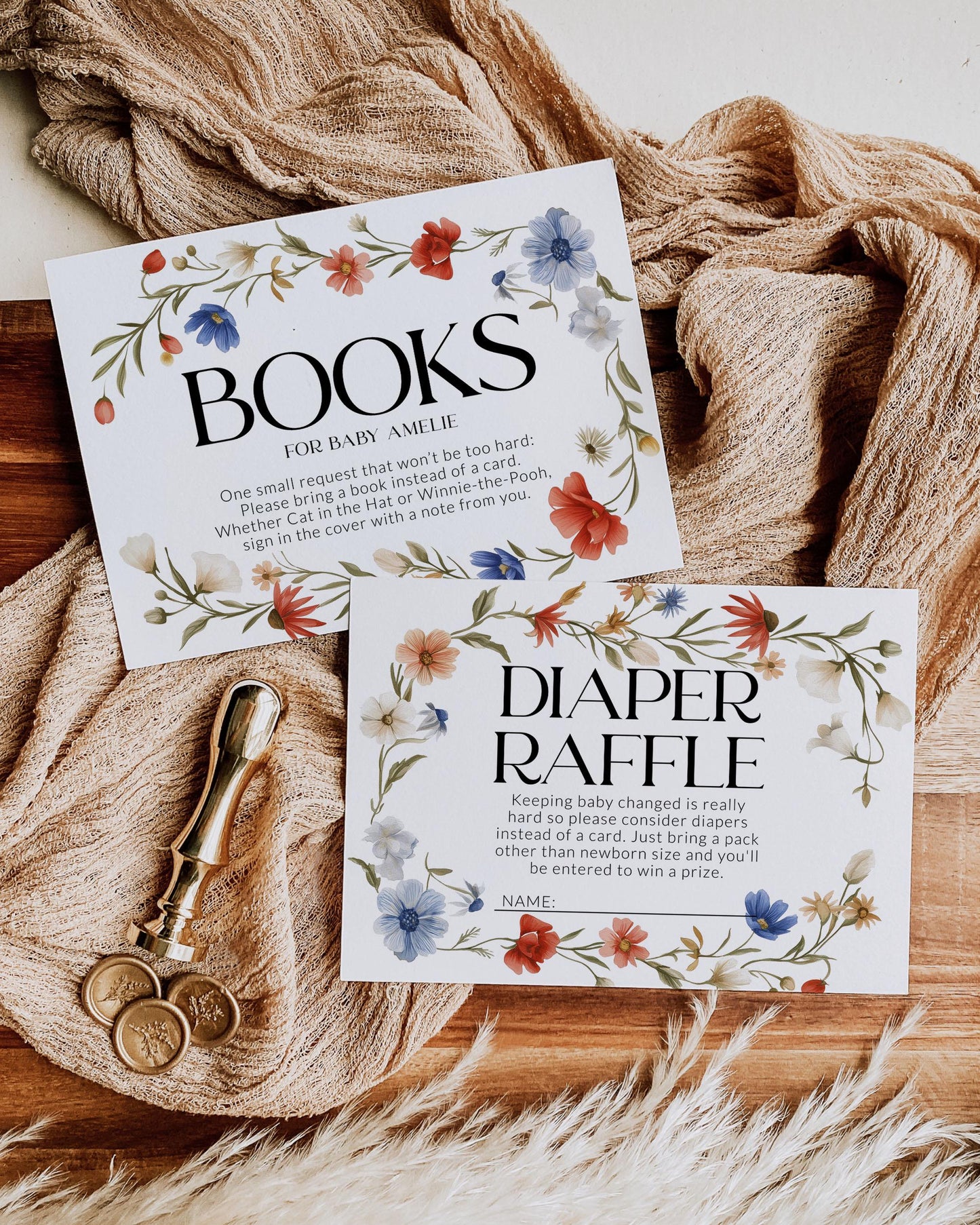 Elegant floral invitation suite featuring a baby shower invite along with cards for book gifts and a diaper raffle, designed with a patriotic wildflower theme for an Independence Day celebration.