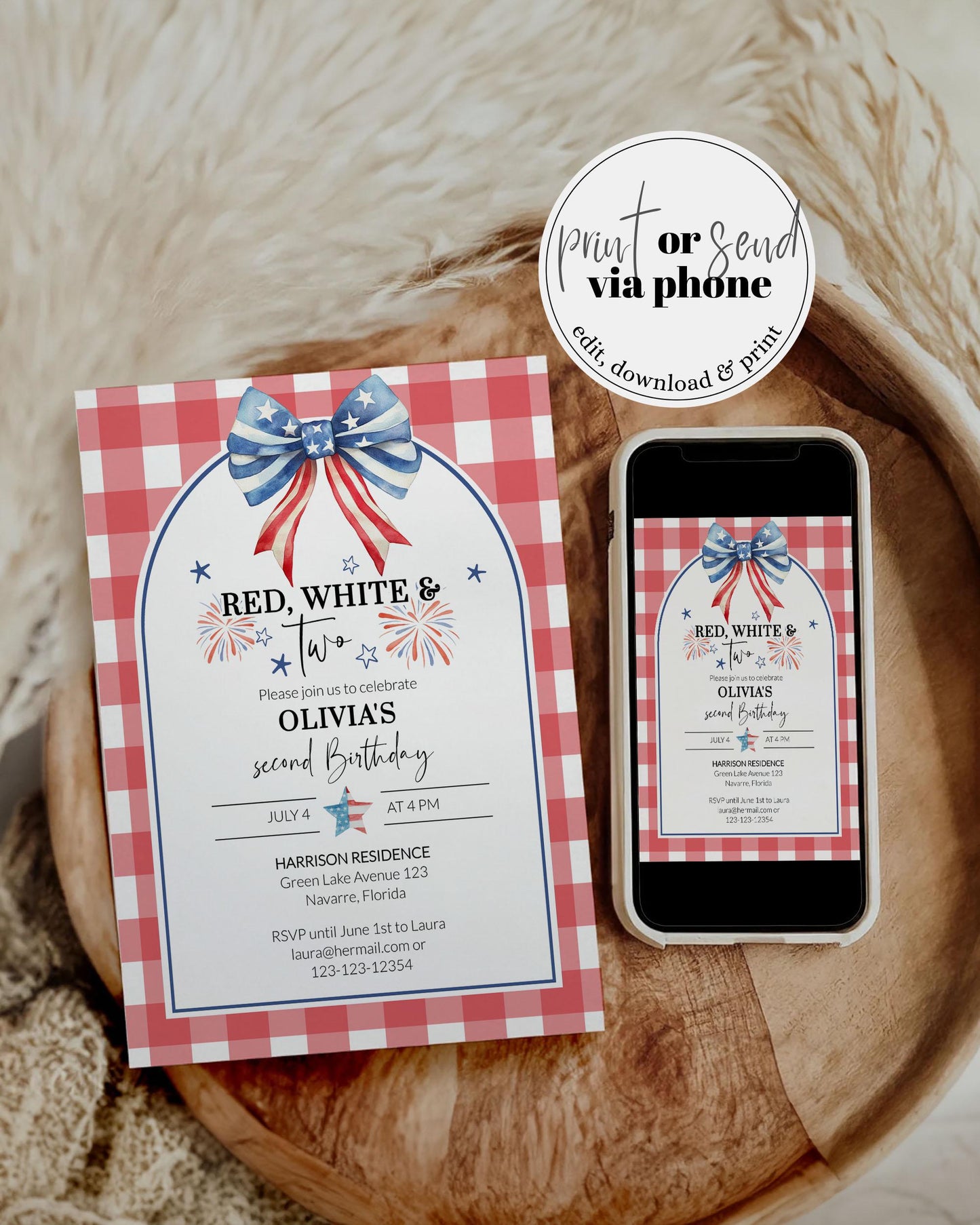 Dual-sided birthday invitation showcasing a playful red, white, and blue theme, with event details for a backyard celebration and a charming illustration of a party girl.