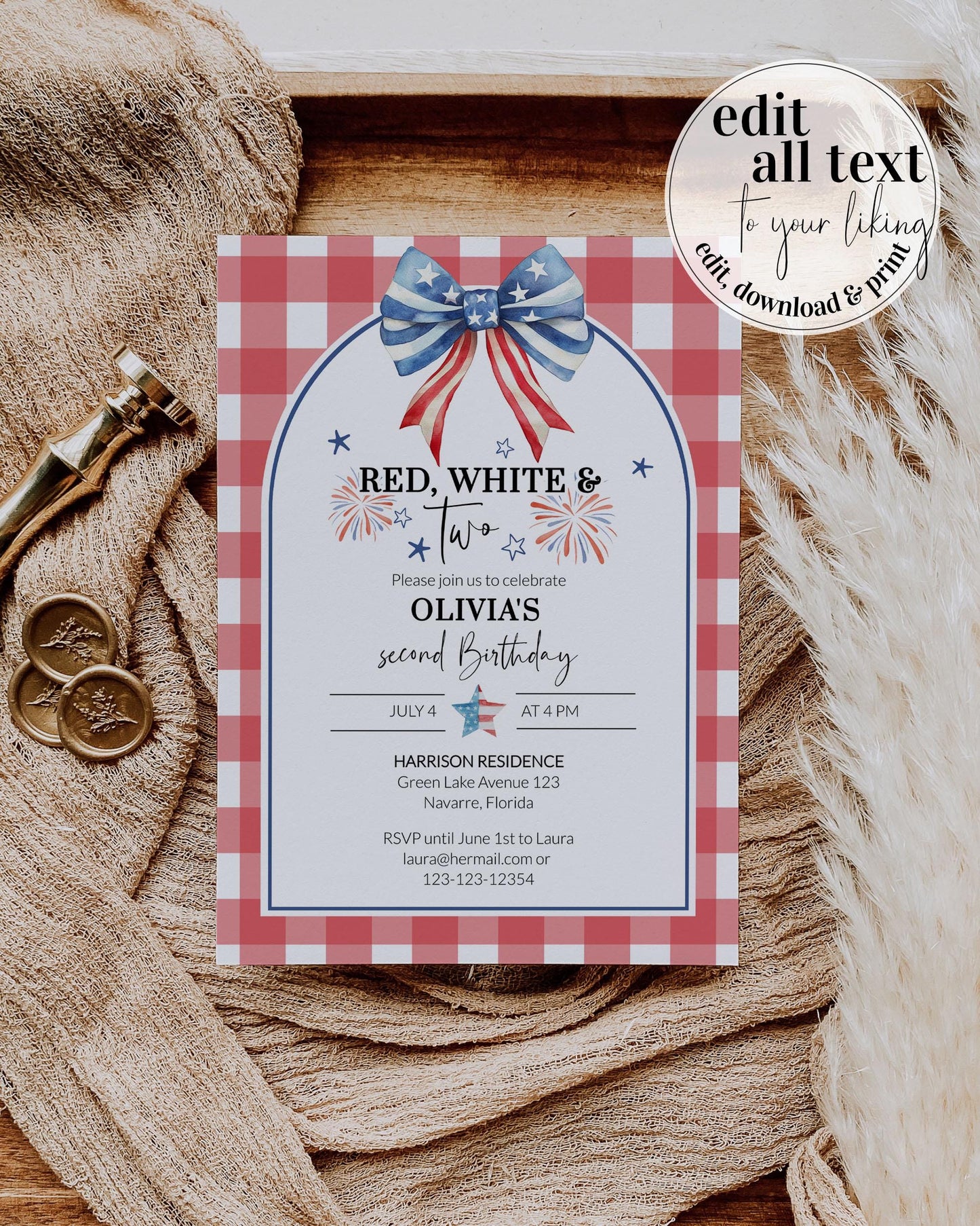 Charming invitation for a second birthday celebration, incorporating Independence Day themes with a cheerful layout, perfect for BBQ parties and summer festivities.