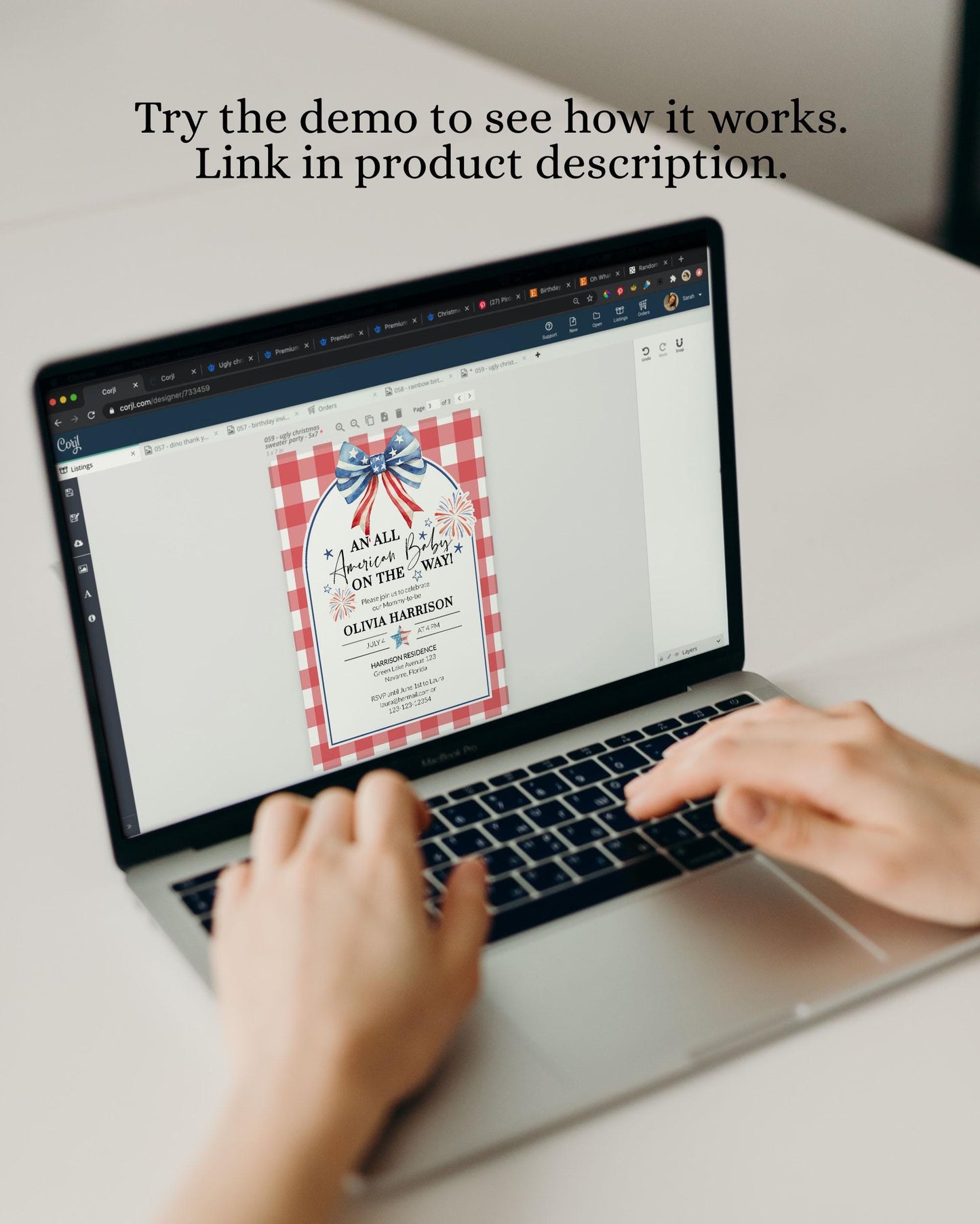 4th of July Baby Shower Invitation Template Independence Day Patriotic Gender Neutral Baby Shower Invite Red Gingham USA Bow Fireworks #068 - TheLovebirdsDesign