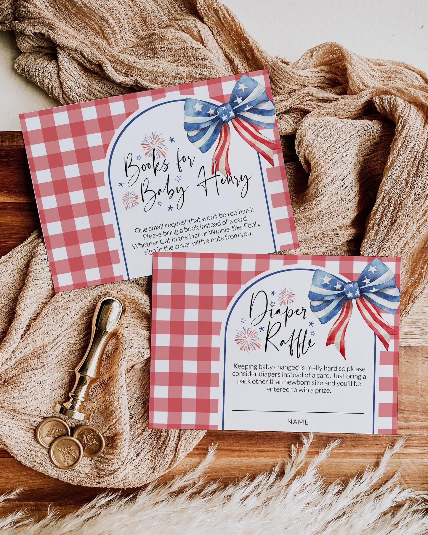 Charming gender-neutral baby shower invitation template with a classic gingham pattern, complete with fireworks graphics and a ribbon embellishment, ideal for a summer celebration.