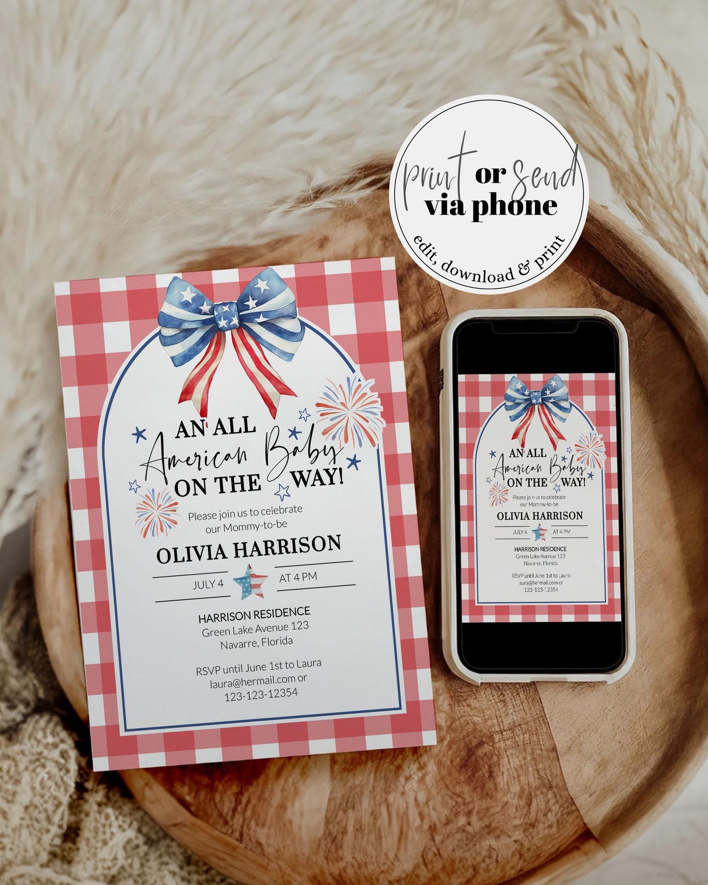 Stylish baby shower invite designed for Independence Day, showcasing the event details for Olivia Harrison's shower, decorated with red, white, and blue elements and a festive bow.
