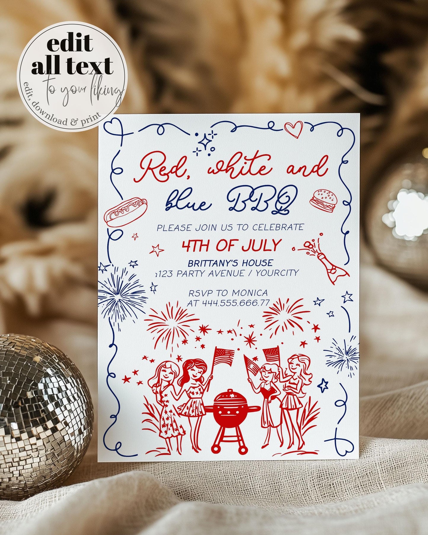 4th of July Backyard BBQ Grill Party Invitation Handwritten Independence Day Barbeque Invite Template Wavy Frame Funky Patriotic Doodle #070 - TheLovebirdsDesign
