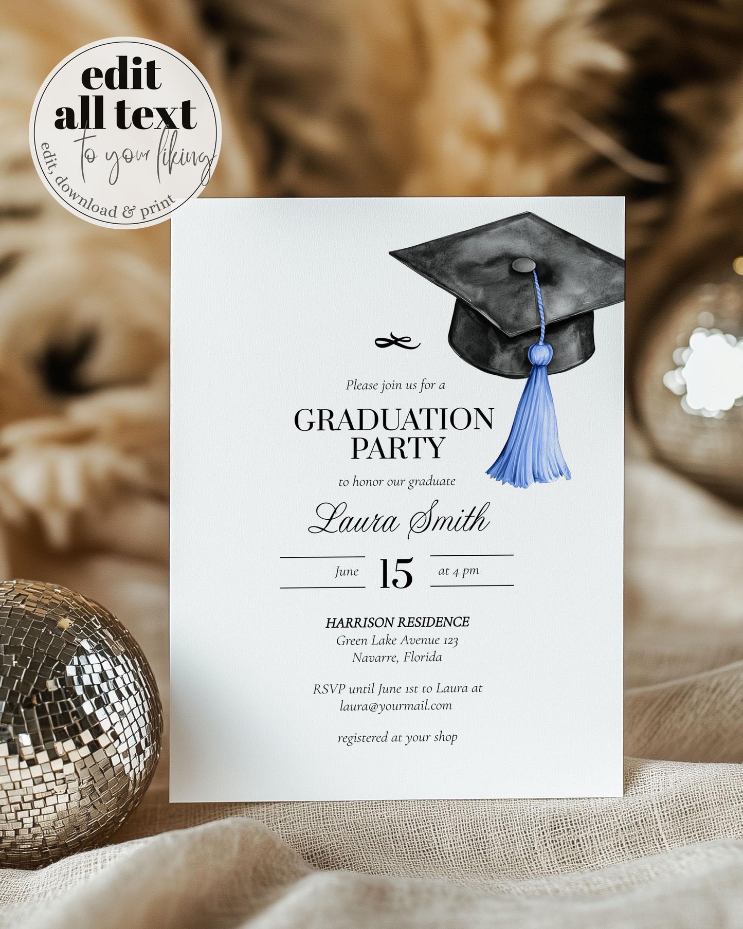 Graduation Party Invitation Editable Blue Tassel Bow Graduation Announcement Class of 2025 College or High School Grad Invite Template #023 - TheLovebirdsDesign