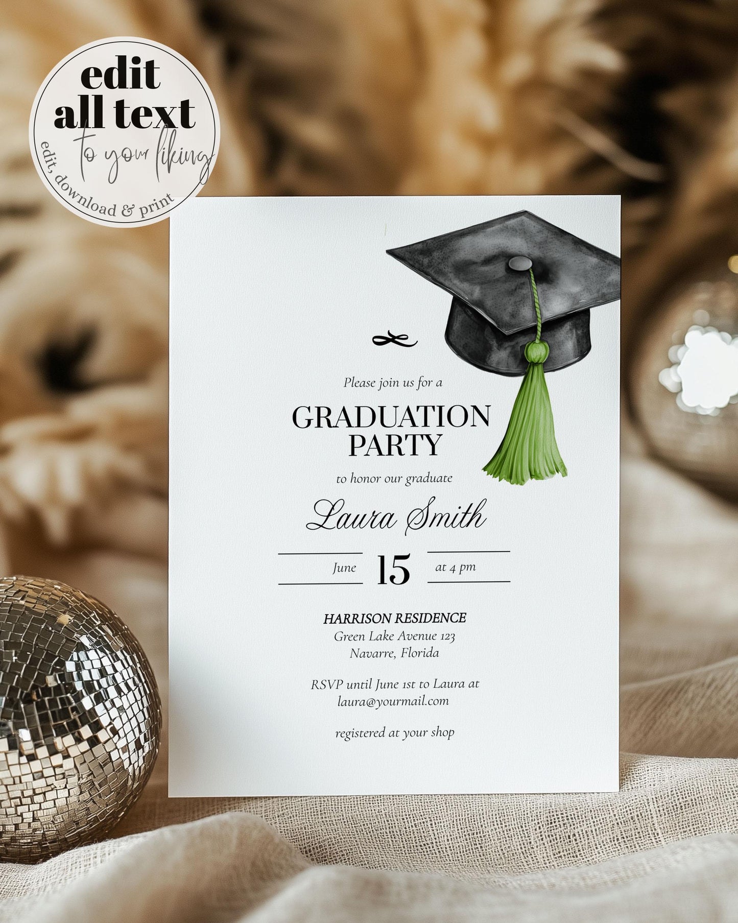 Graduation Party Invitation Editable Green Tassel Bow Graduation Announcement Class of 2025 College or High School Grad Invite Template #023 - TheLovebirdsDesign