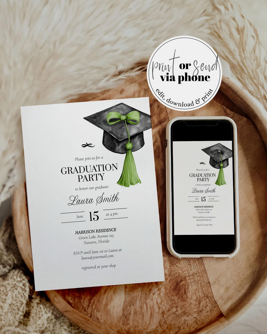 Graduation Party Invitation Class of 2026 Green Tassel Bow Printable Template 023GRAD-INV - marryful.org