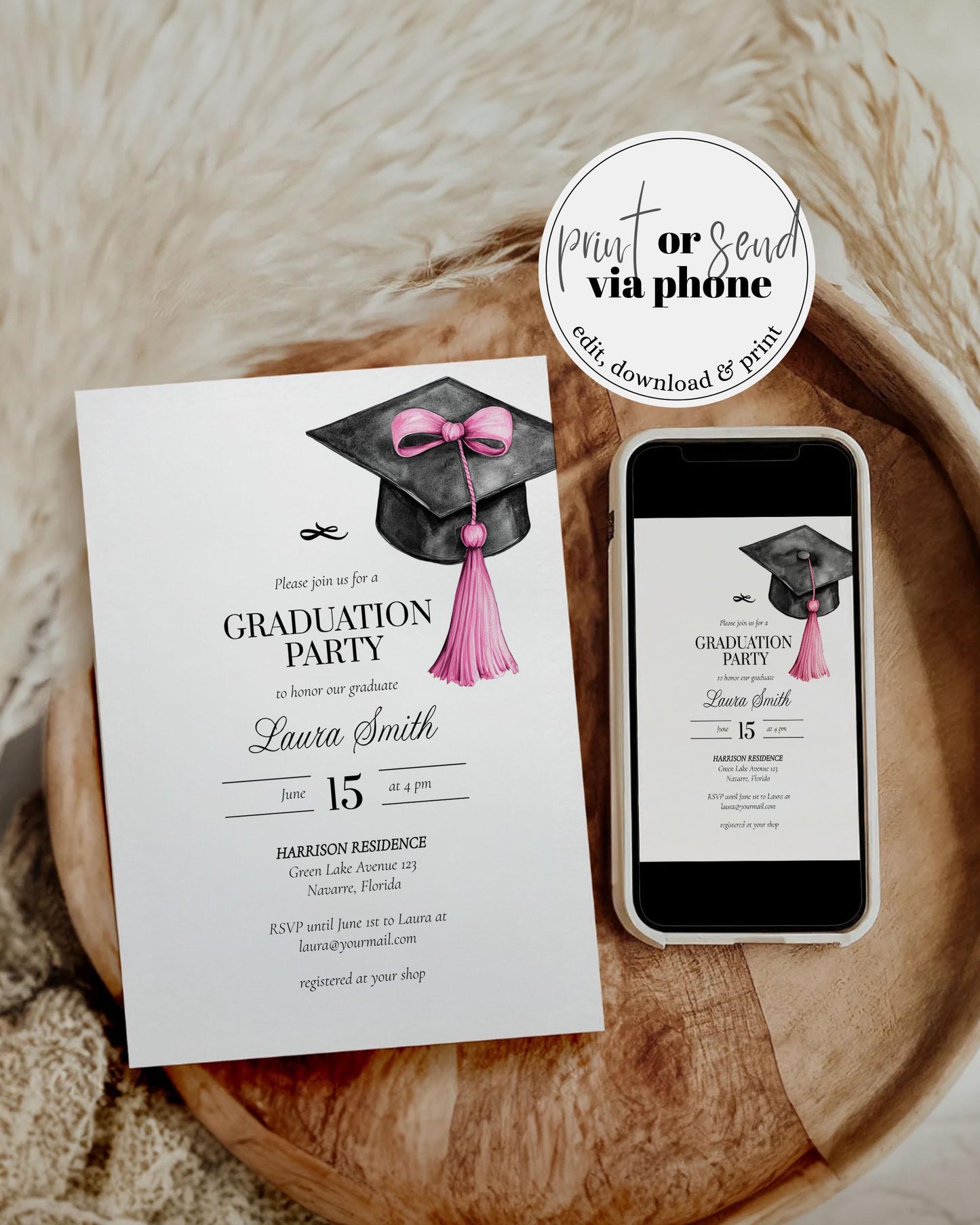 Graduation Party Invitation Editable Pink Tassel Bow Graduation Announcement Class of 2025 College or High School Grad Invite Template#023 - TheLovebirdsDesign