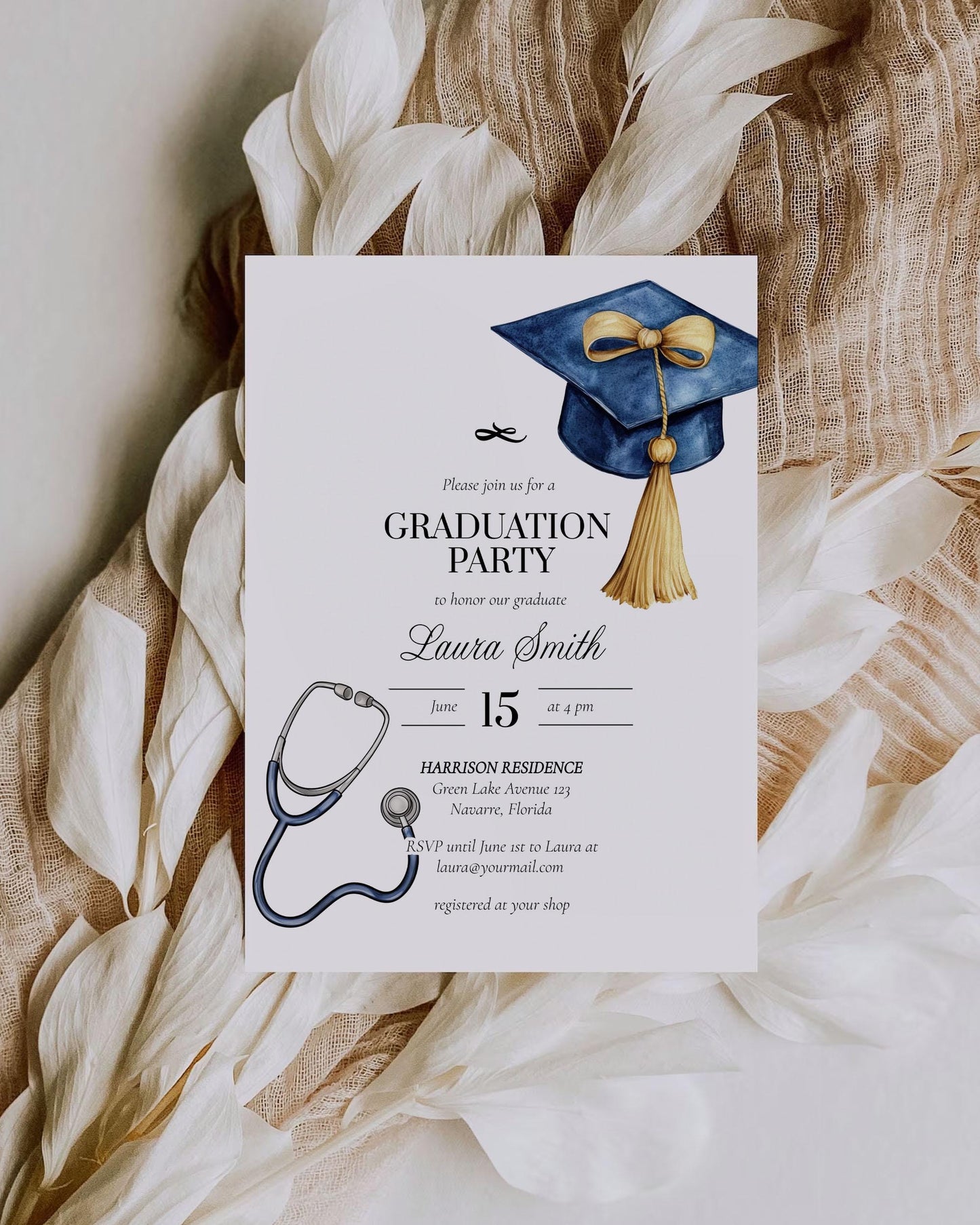 Nurse Graduation Party Invitation Editable Stetoscope Bow Graduation Announcement Class of 2025 Editable Printable Grad Invite Template #023 - TheLovebirdsDesign
