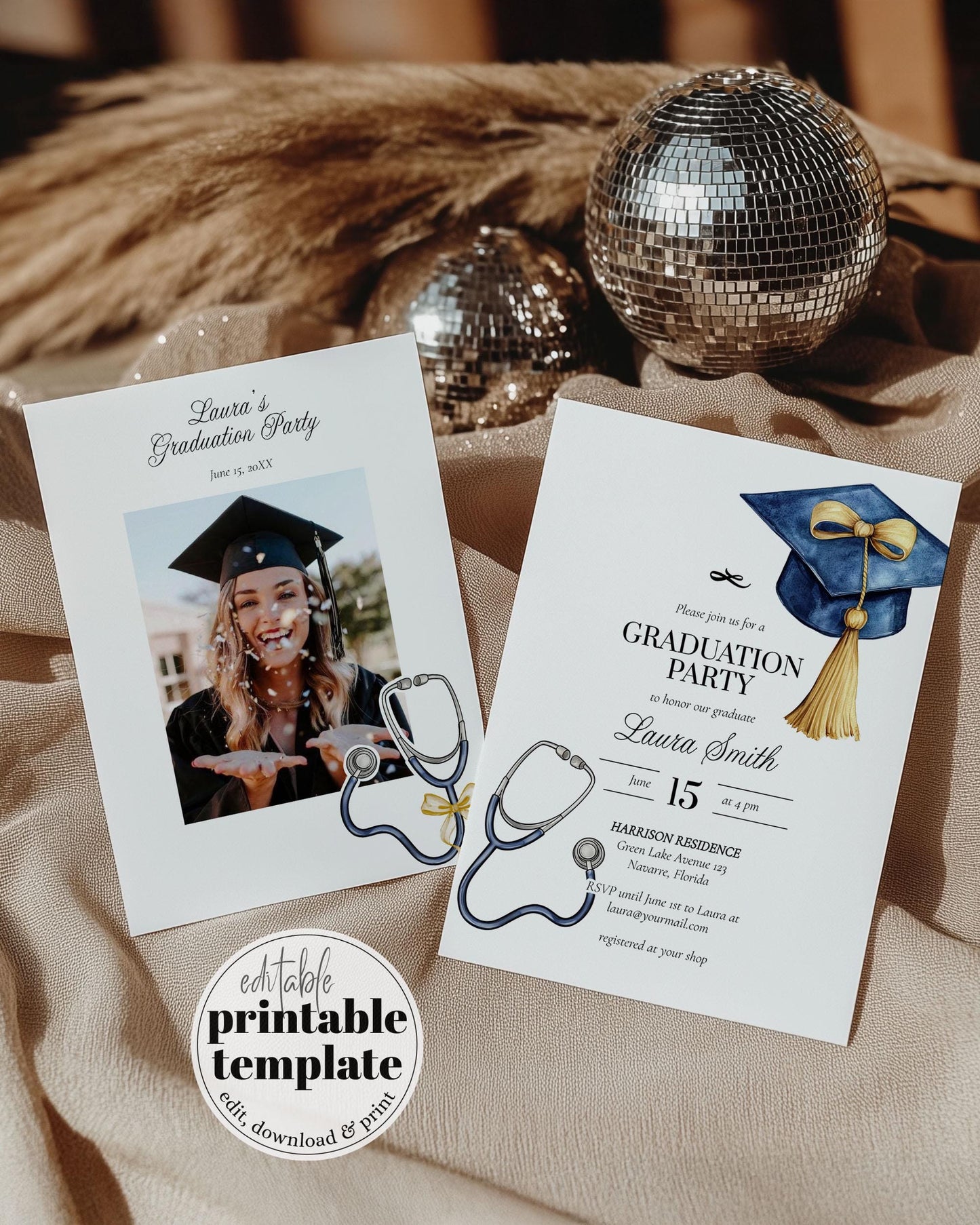 Nurse Graduation Party Invitation Editable Stetoscope Bow Graduation Announcement Class of 2025 Editable Printable Grad Invite Template #023 - TheLovebirdsDesign