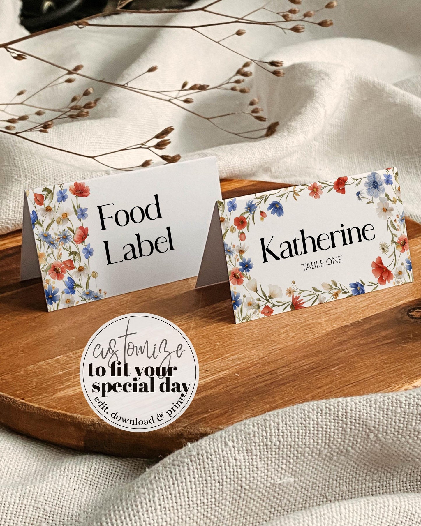 Wildflower 4th of July Place Cards Template Red White and Blue Floral Food Labels for Independence Day Baby Shower or Birthday BBQ #072 - TheLovebirdsDesign