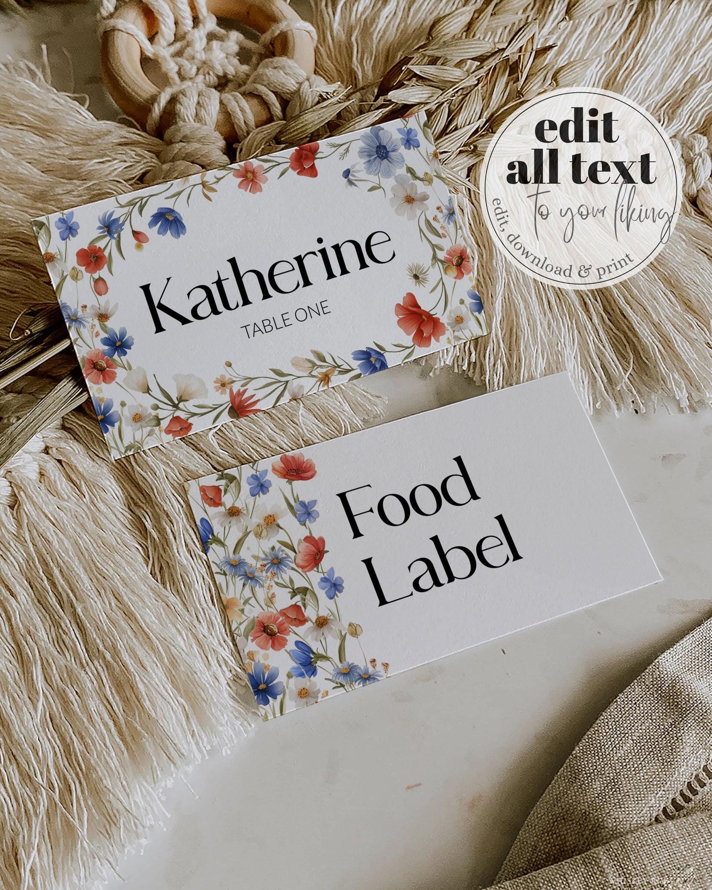 Wildflower 4th of July Place Cards Template Red White and Blue Floral Food Labels for Independence Day Baby Shower or Birthday BBQ #072 - TheLovebirdsDesign