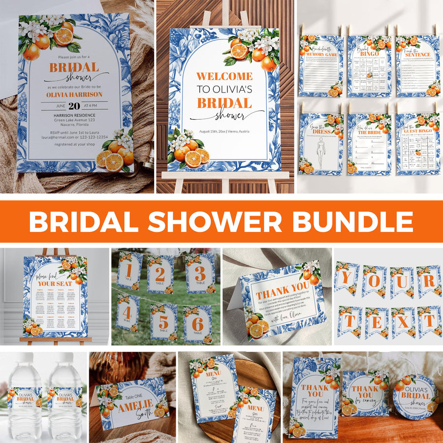 Orange Bridal Shower Bundle, Blue Toile Amalfi Spritz Invitation Suite Mediterranean 102OR-BRSBUNDLE - marryful.org