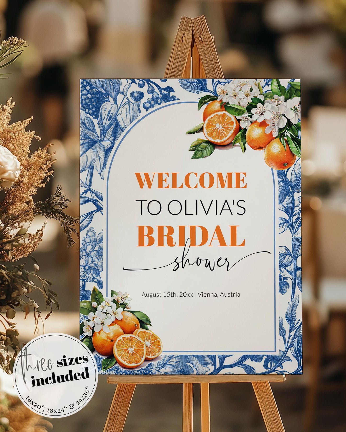 Orange Blue Toile Tile Welcome Sign for Amalfi Coast Positano Bridal or Baby Shower Welcome Sign Mediterranean Party Decoration Template#072 - TheLovebirdsDesign
