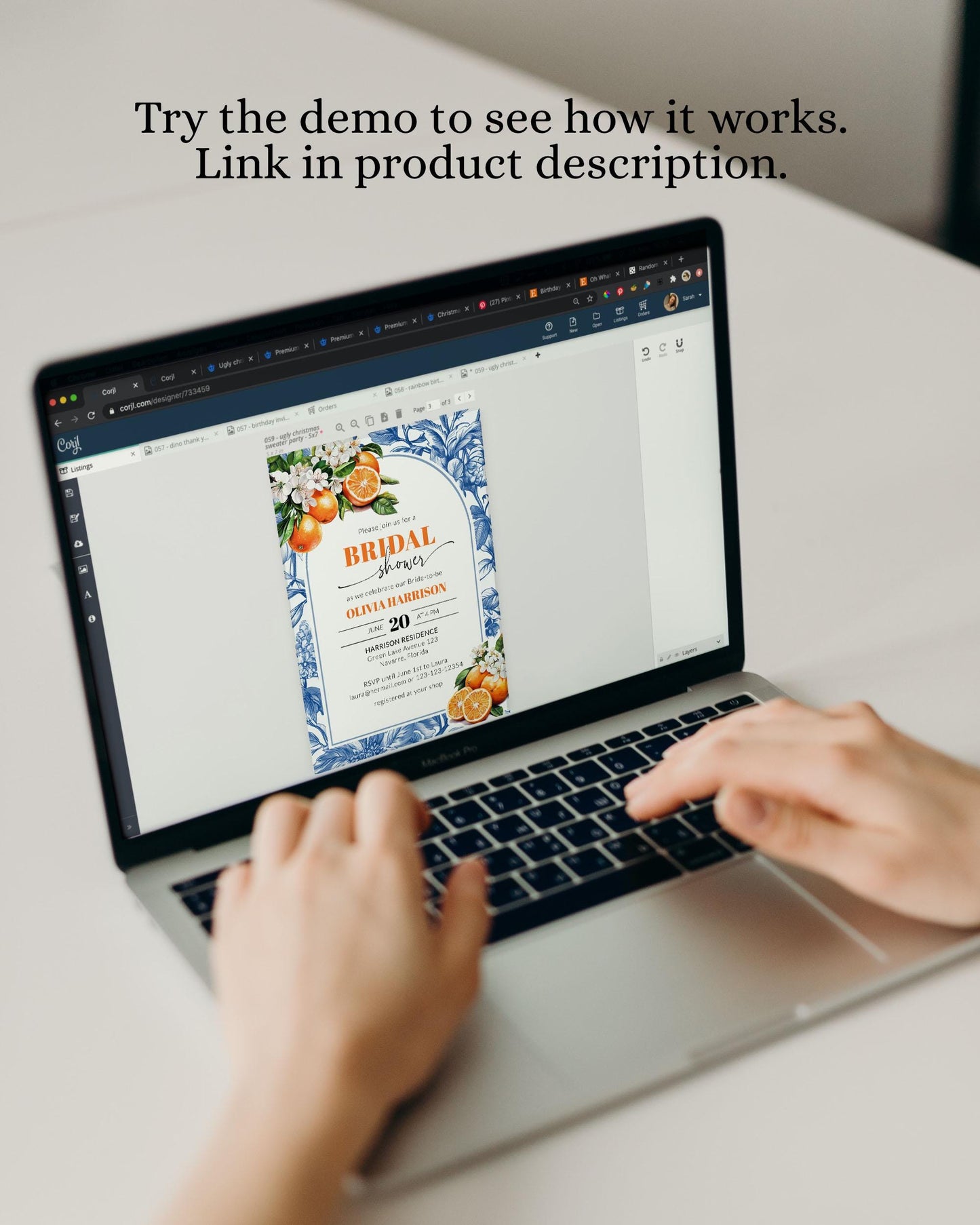 Orange Blue Toile Tile Bridal Shower Invitation Editable Amalfi Coast Positano Bridal Shower Invite Mediterranean Bachelorette Template #072 - TheLovebirdsDesign