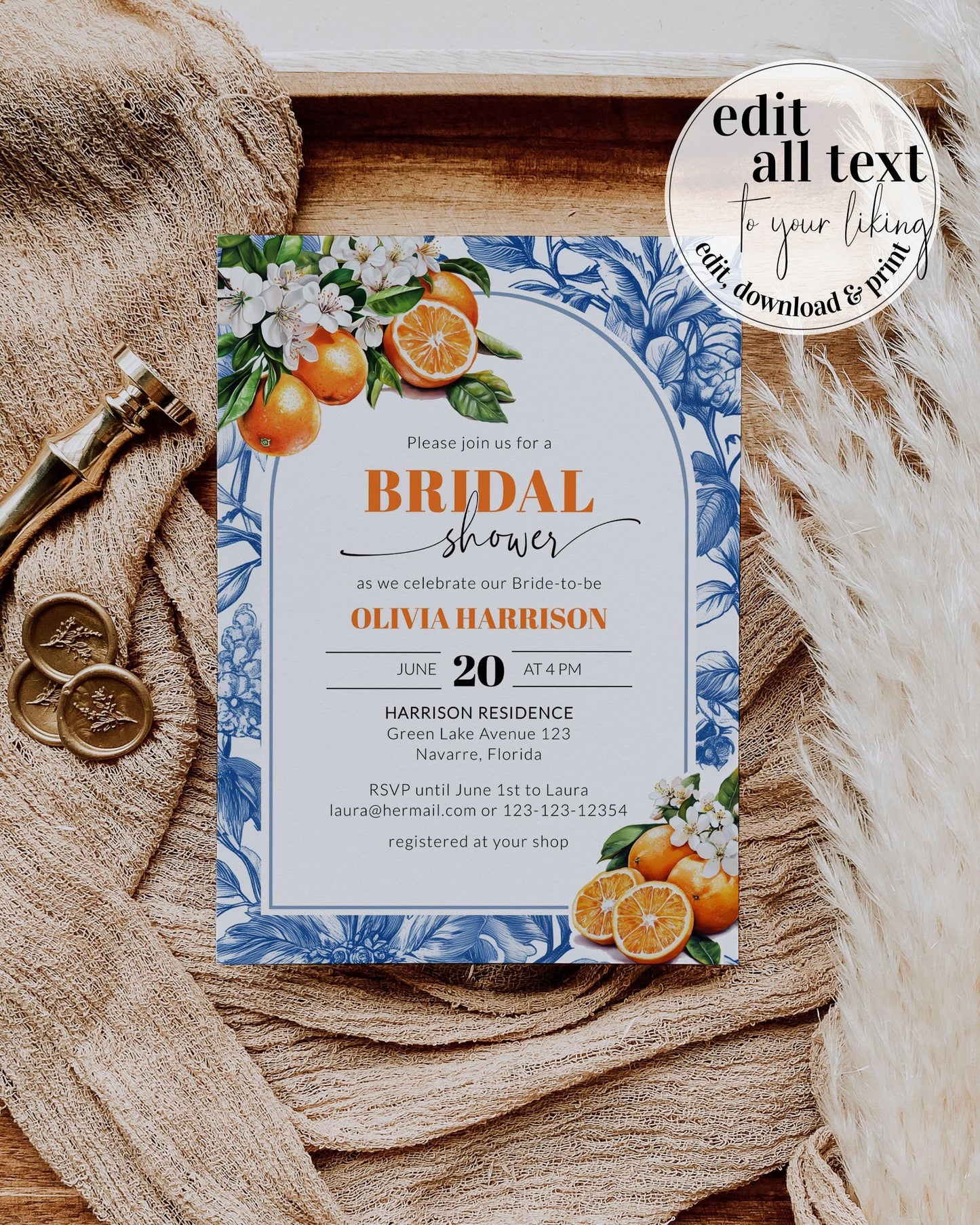 Orange Blue Toile Tile Bridal Shower Invitation Editable Amalfi Coast Positano Bridal Shower Invite Mediterranean Bachelorette Template #072 - TheLovebirdsDesign
