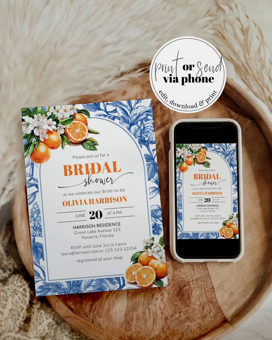 Amalfi Coast Bridal Shower Invitation, Orange Blue Toile Mediterranean Template 102OR-BRINV - marryful.org