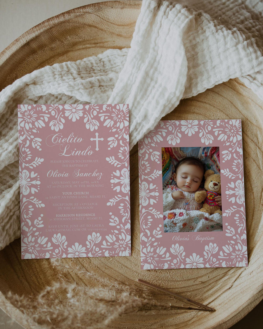 Cielito Lindo Baptism Invitation, Pink Talavera Papel Picado Bautizo Template 001PI-BAPINV - marryful.org