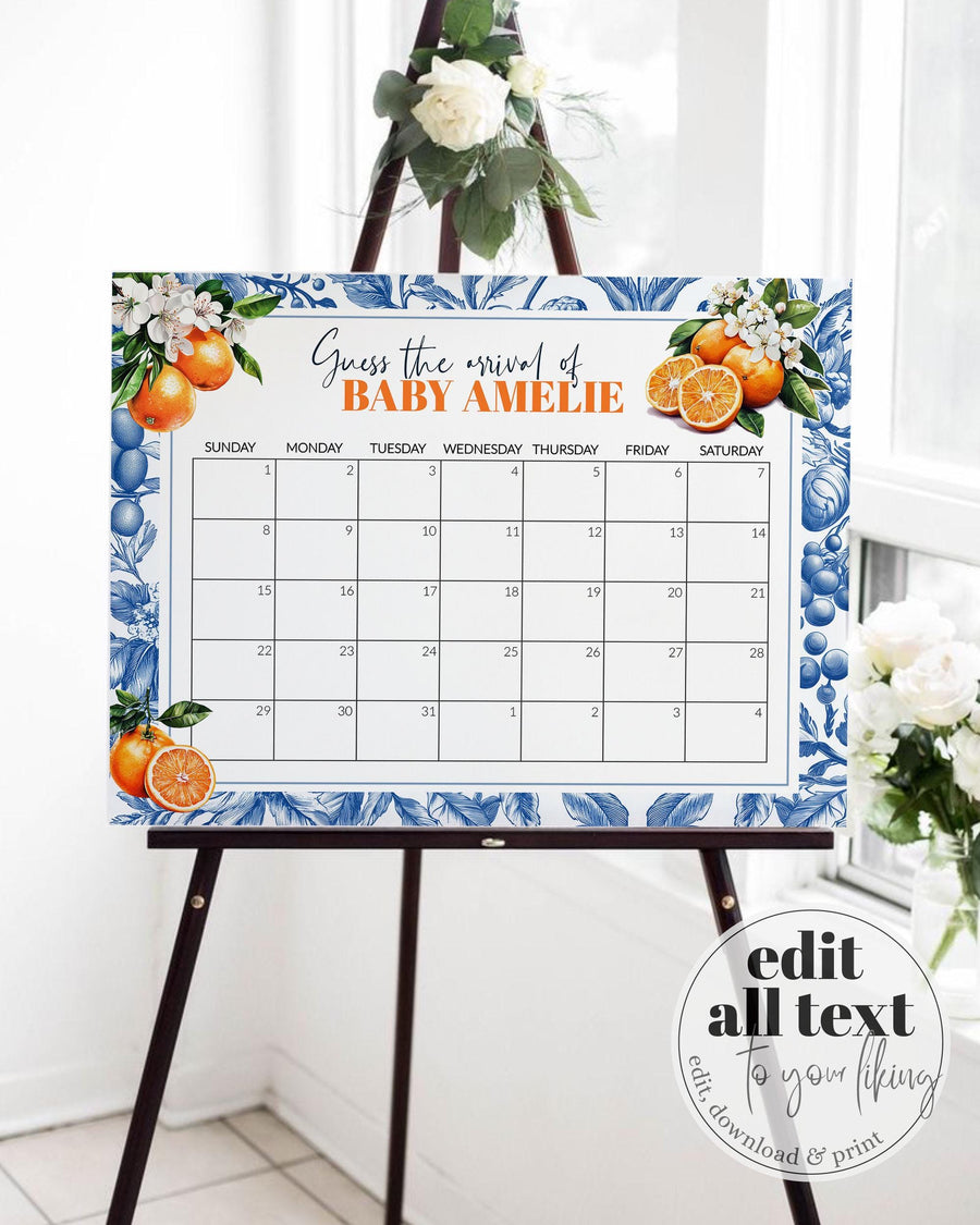 Little Cutie Baby Shower Guess Due Date Sign, Citrus Amalfi Mediterranean Party Template #072 - marryful.org