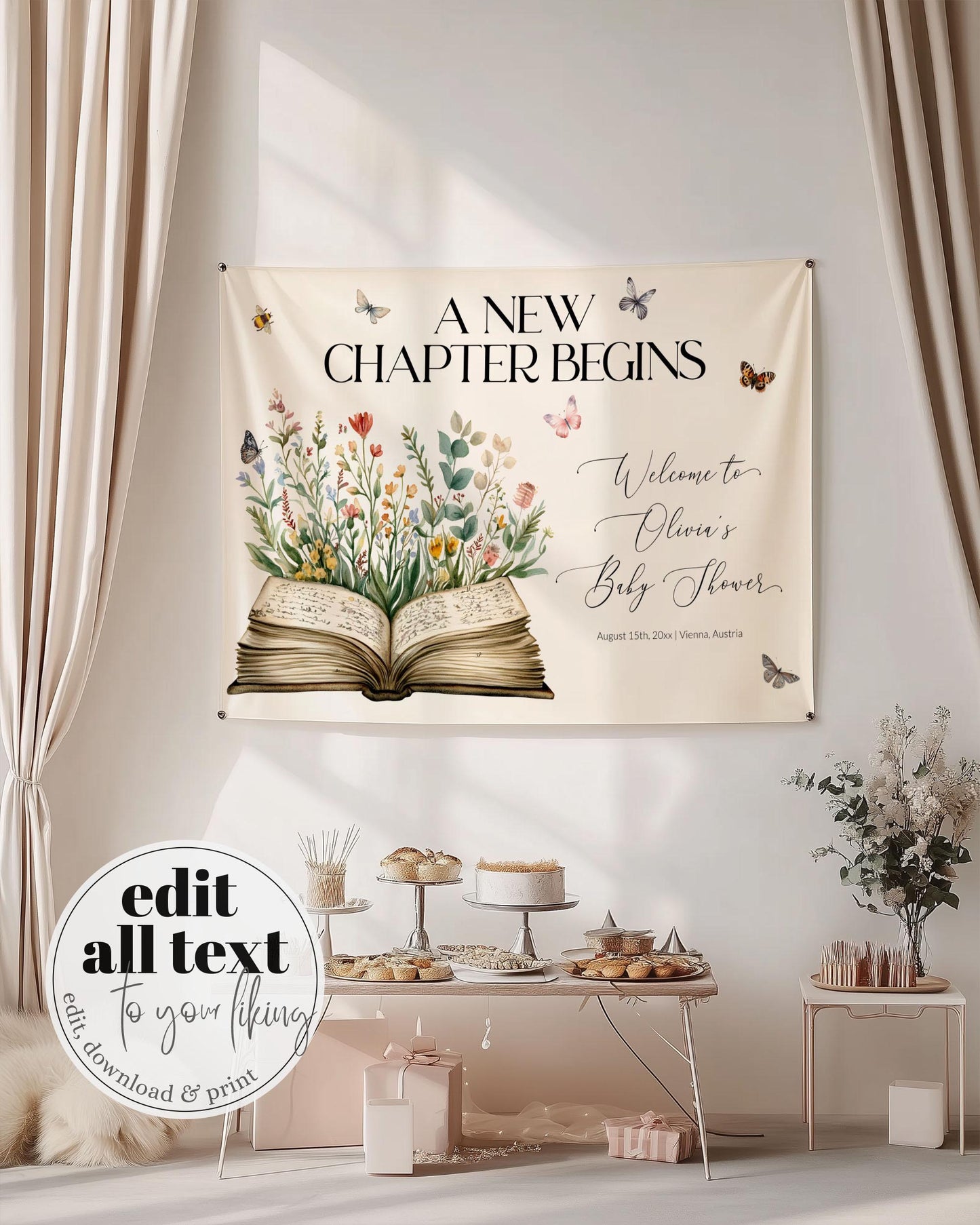 Storybook Baby Shower Wall Tapestry New Chapter Begins Linen Fabric Welcome Sign Printable Once upon a time Book Shower Decor Template #072 - TheLovebirdsDesign