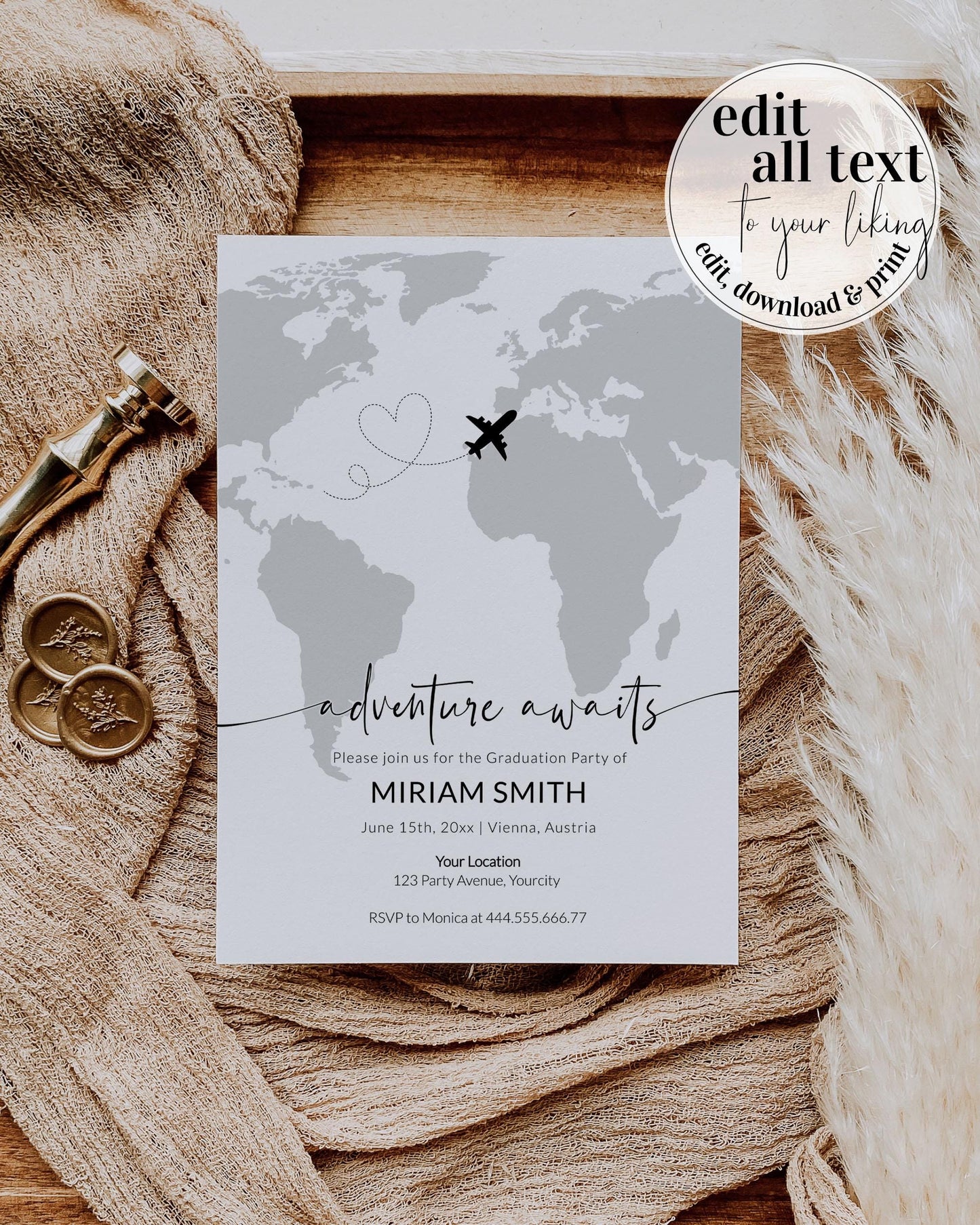 Adventure Awaits Graduation Party Invitation Template Travel-Themed Custom Graduate Invites for High School and College Celebrations #072w - TheLovebirdsDesign